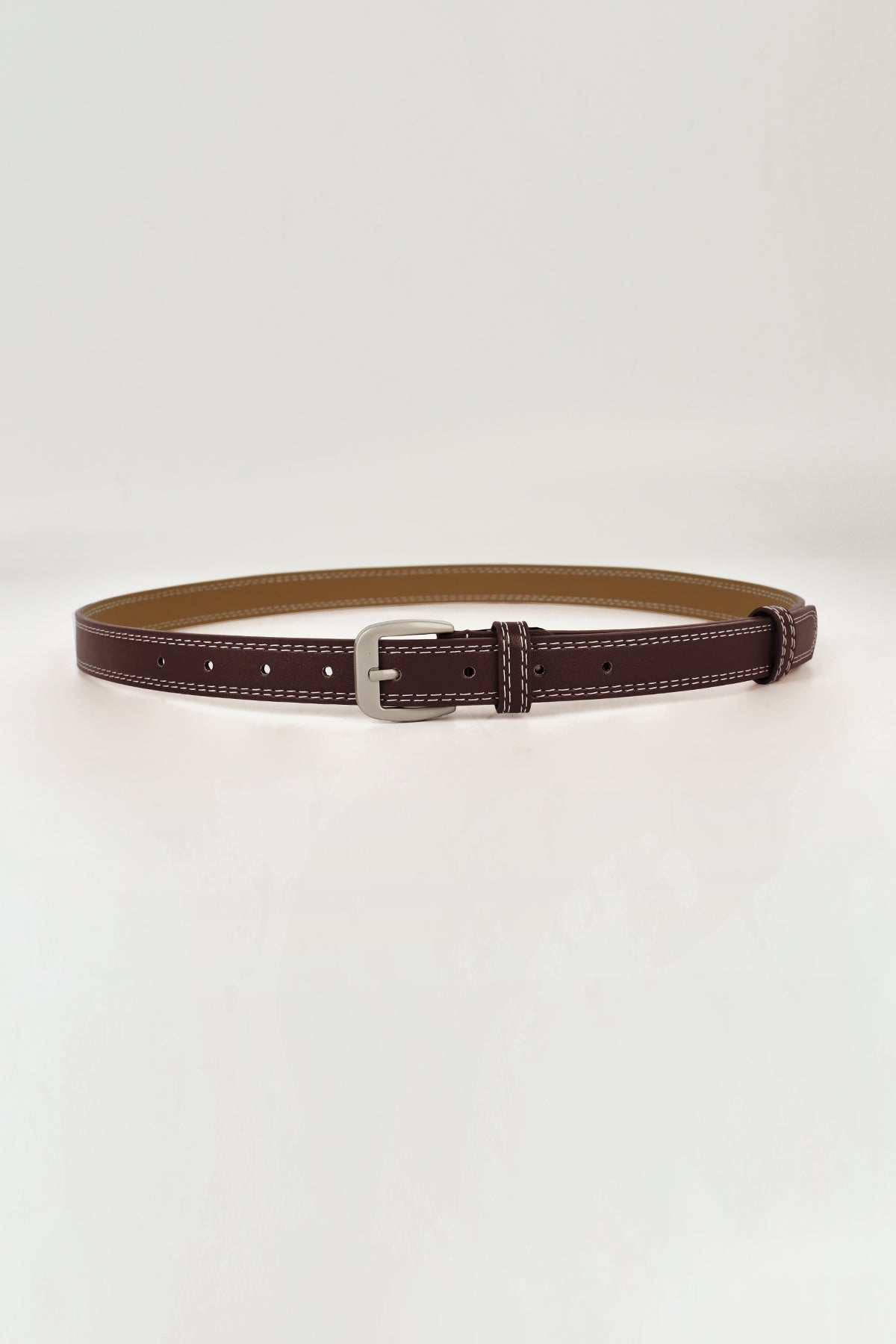 Contrast Stitch Silver Tone Buckle Leather Belt