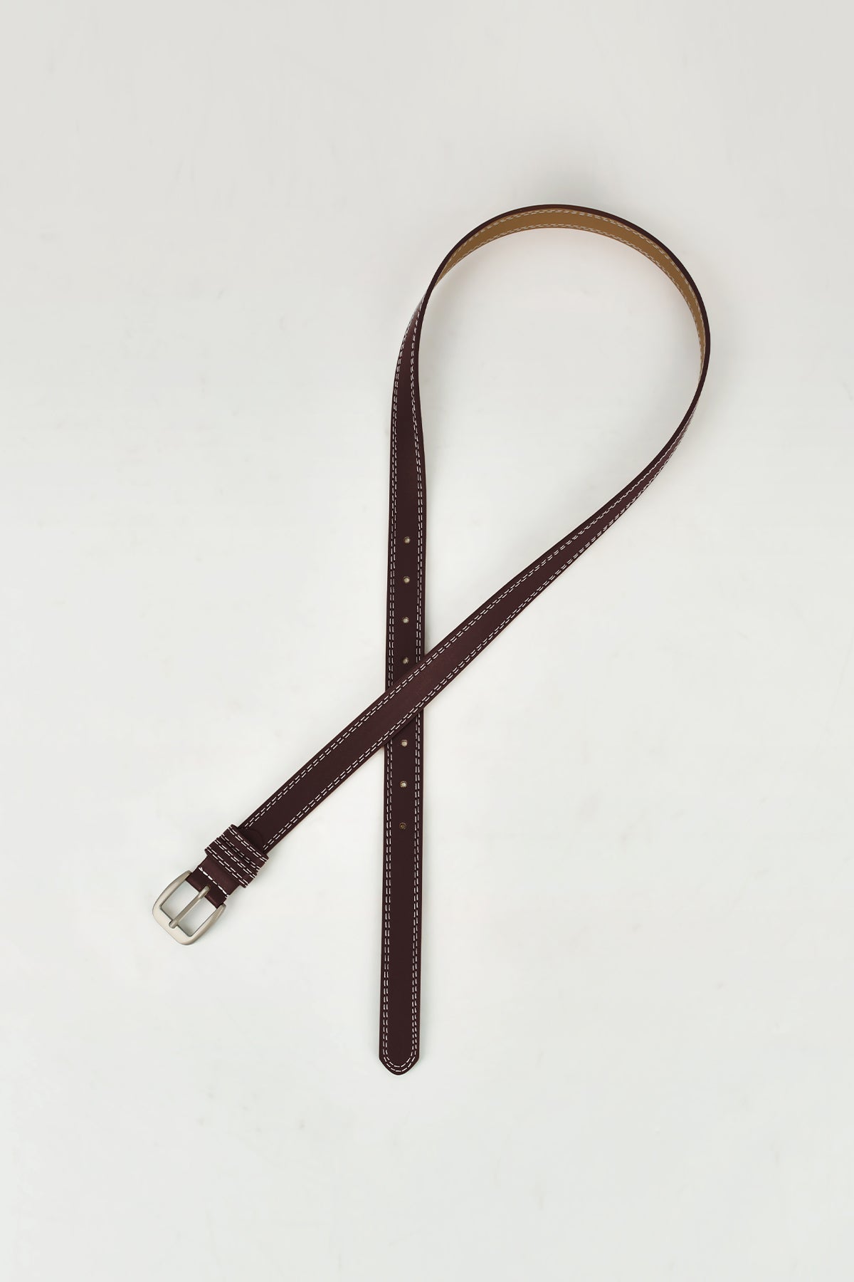 Contrast Stitch Silver Tone Buckle Leather Belt