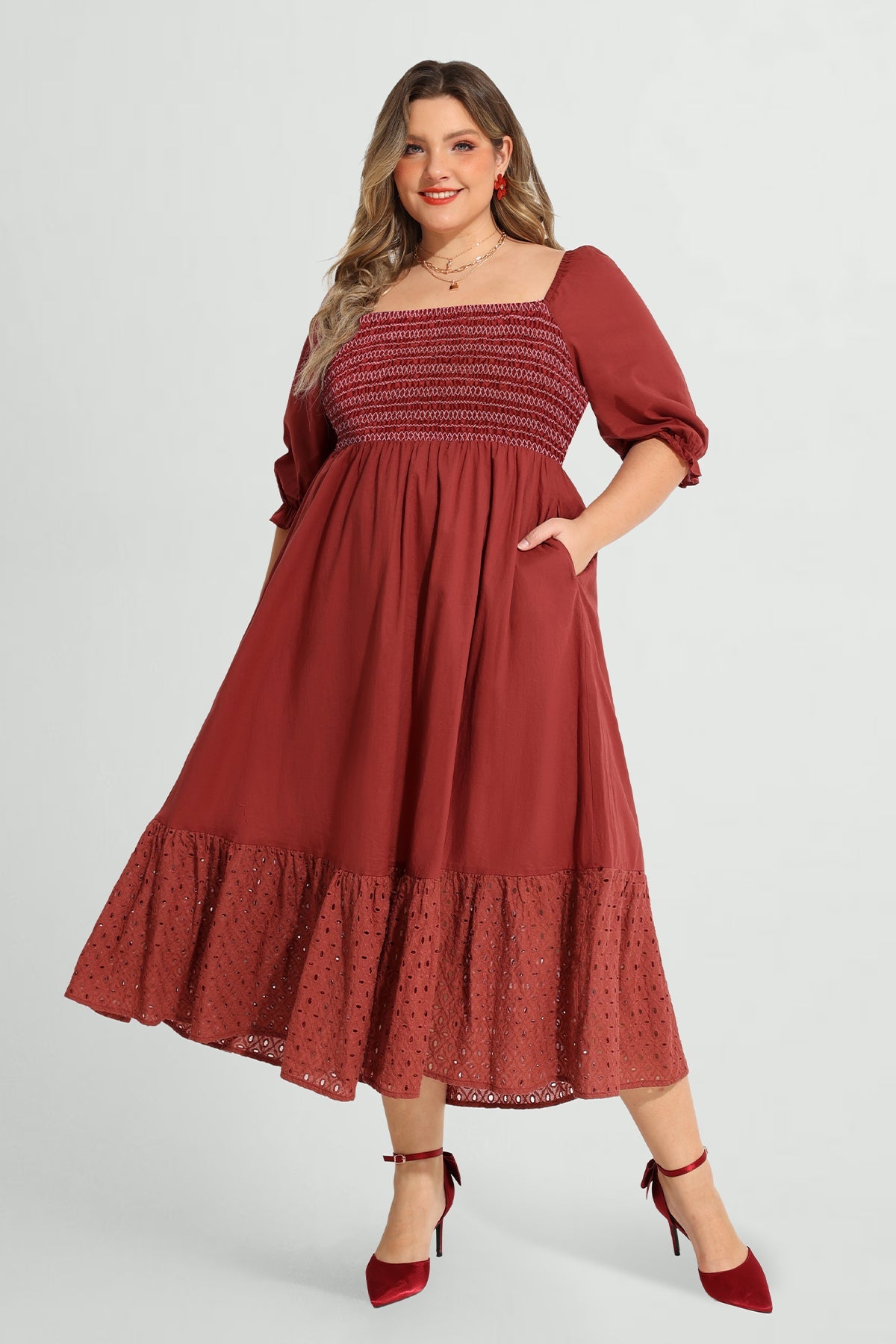 Ritera Pockets Pinhole Hem Shirred A-line Midi Dress