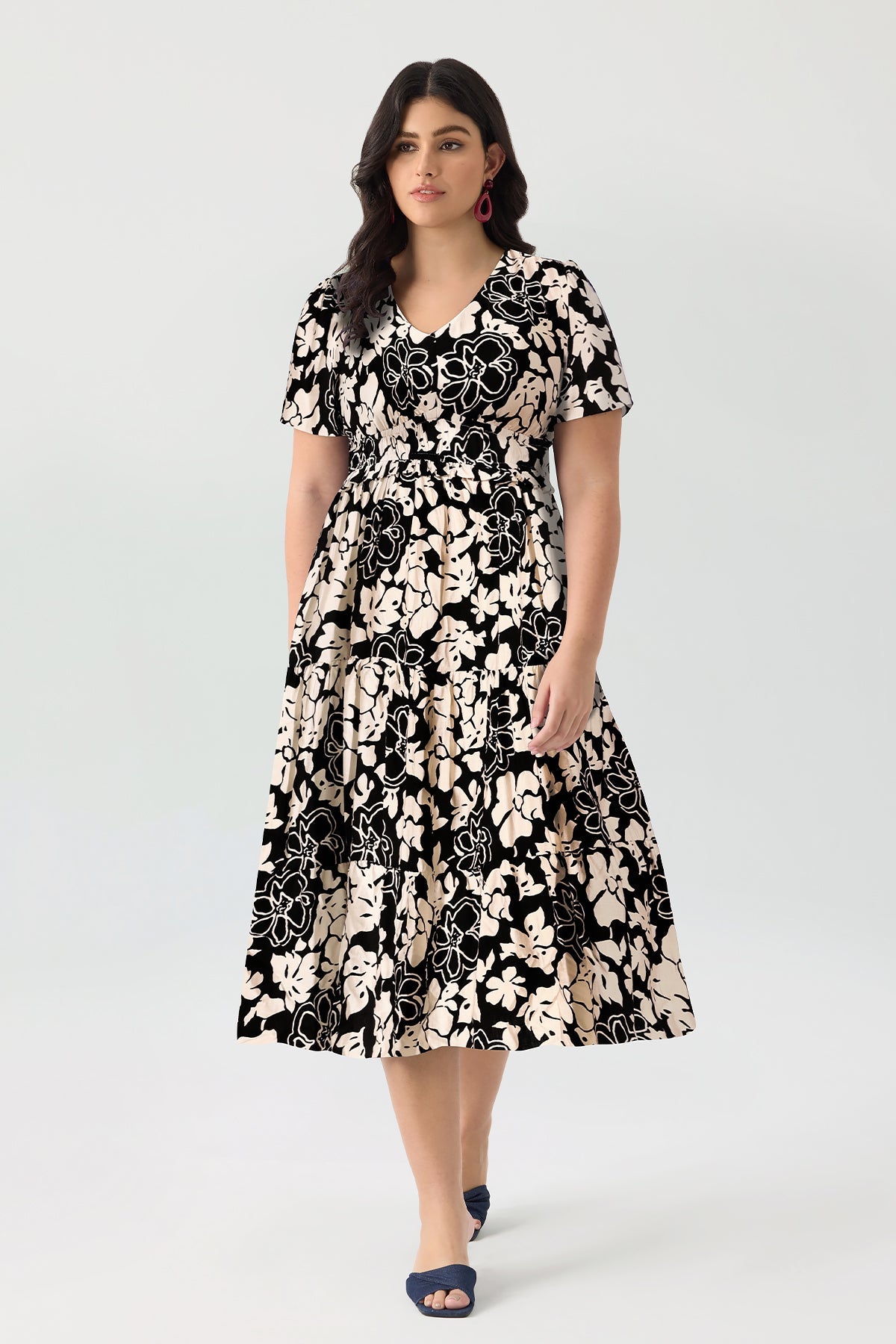 Ritera Elasticated Waist Floral Print Shirred Midi Dress