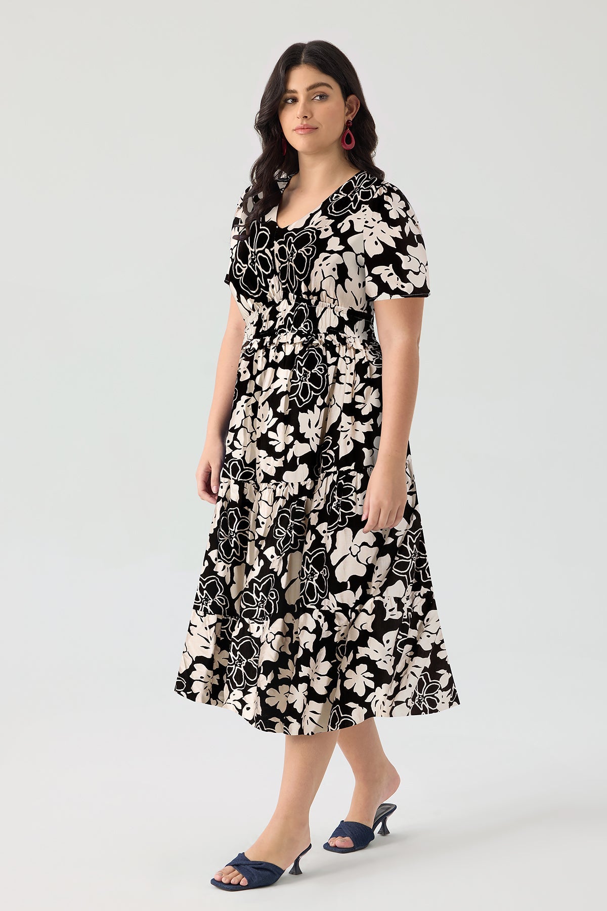 Ritera Elasticated Waist Floral Print Shirred Midi Dress