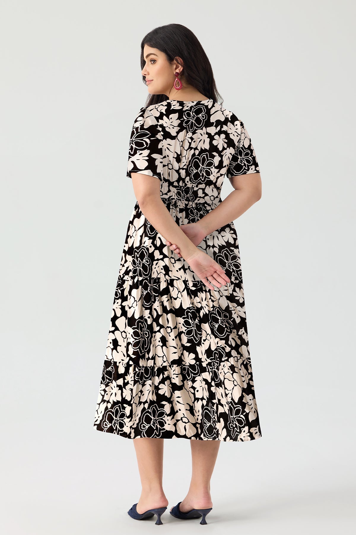 Ritera Elasticated Waist Floral Print Shirred Midi Dress