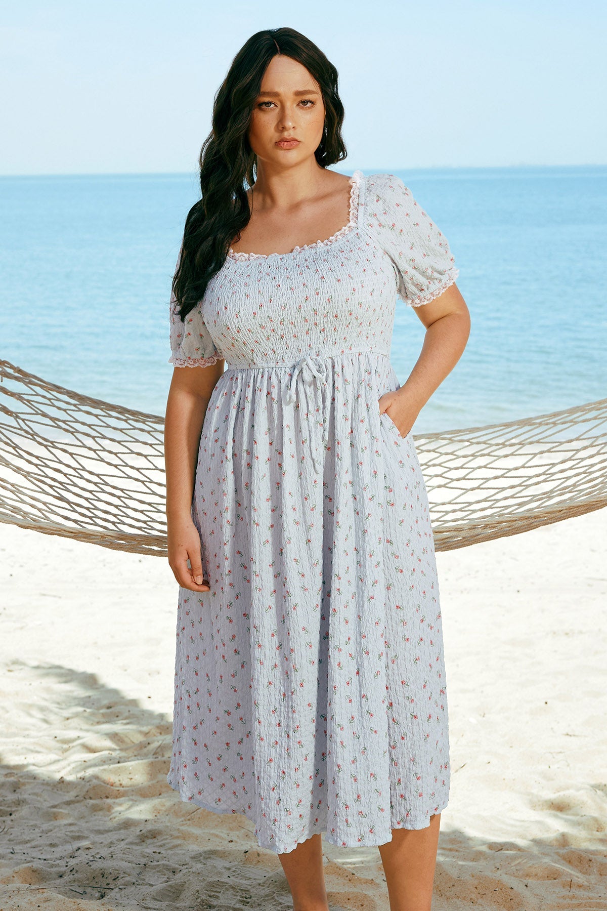 Ritera Pockets Texture Drawstring Waist Floral Summer Dress