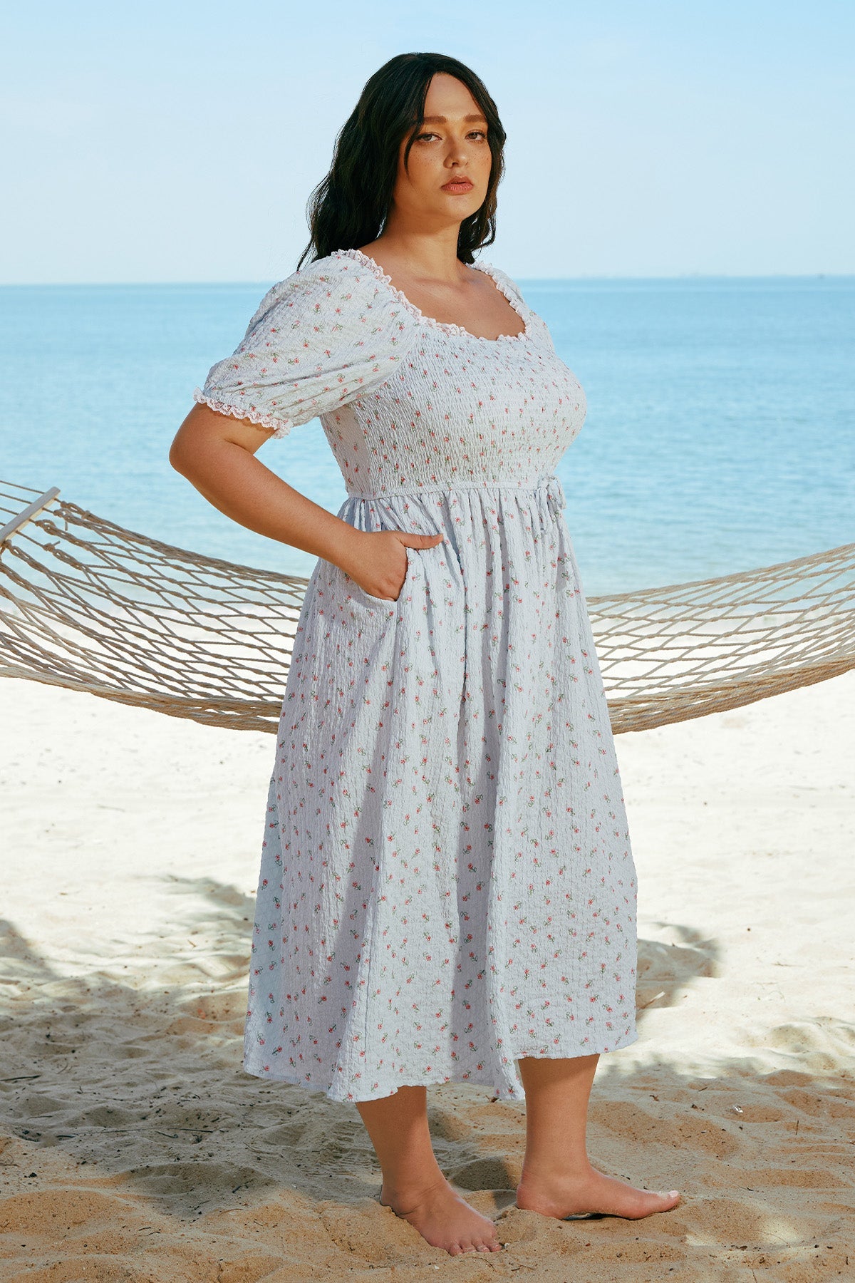 Ritera Pockets Texture Drawstring Waist Floral Summer Dress