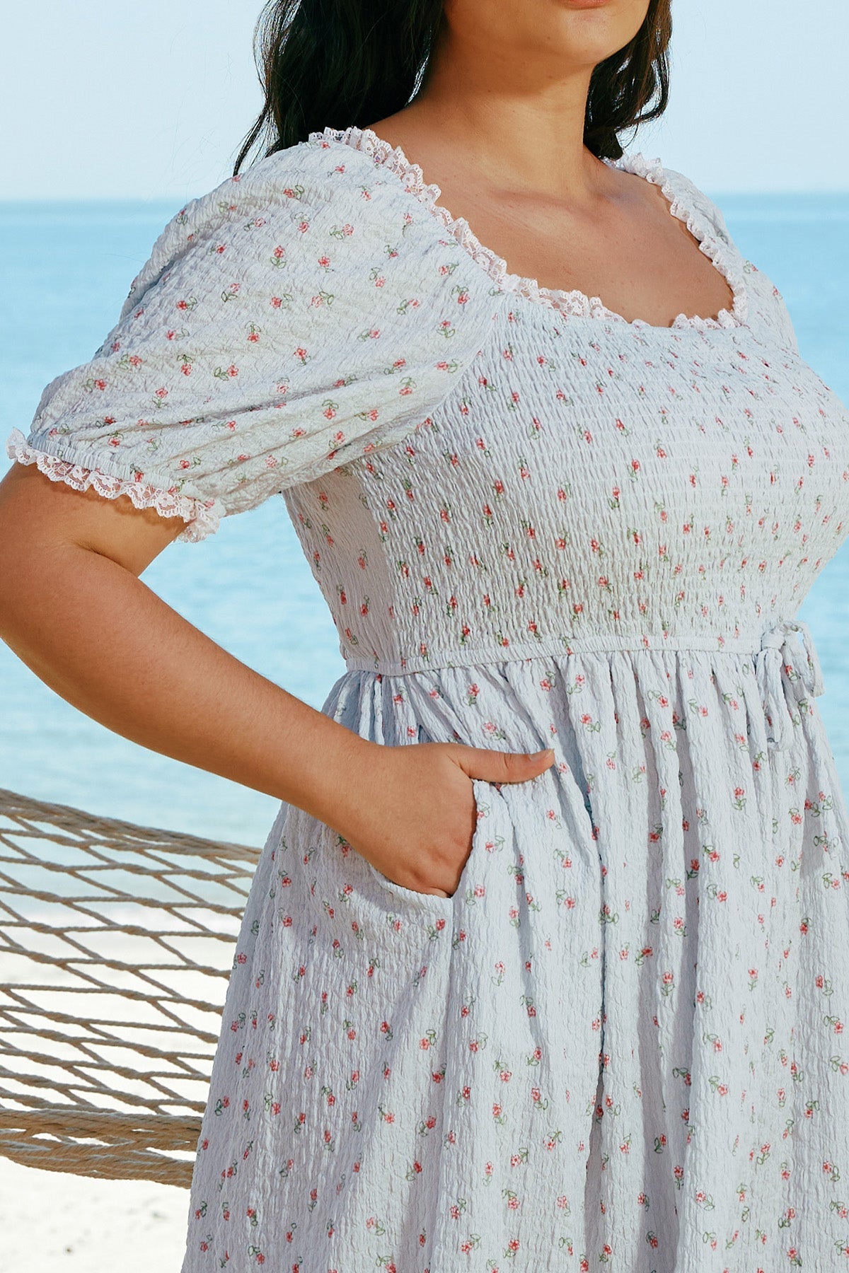 Ritera Pockets Texture Drawstring Waist Floral Summer Dress