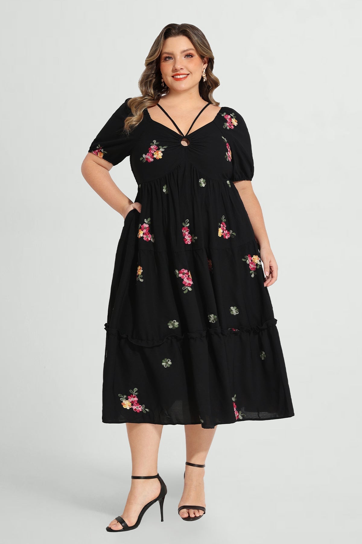 Ritera Pocket Floral Embroidered Tiered Midi Dress