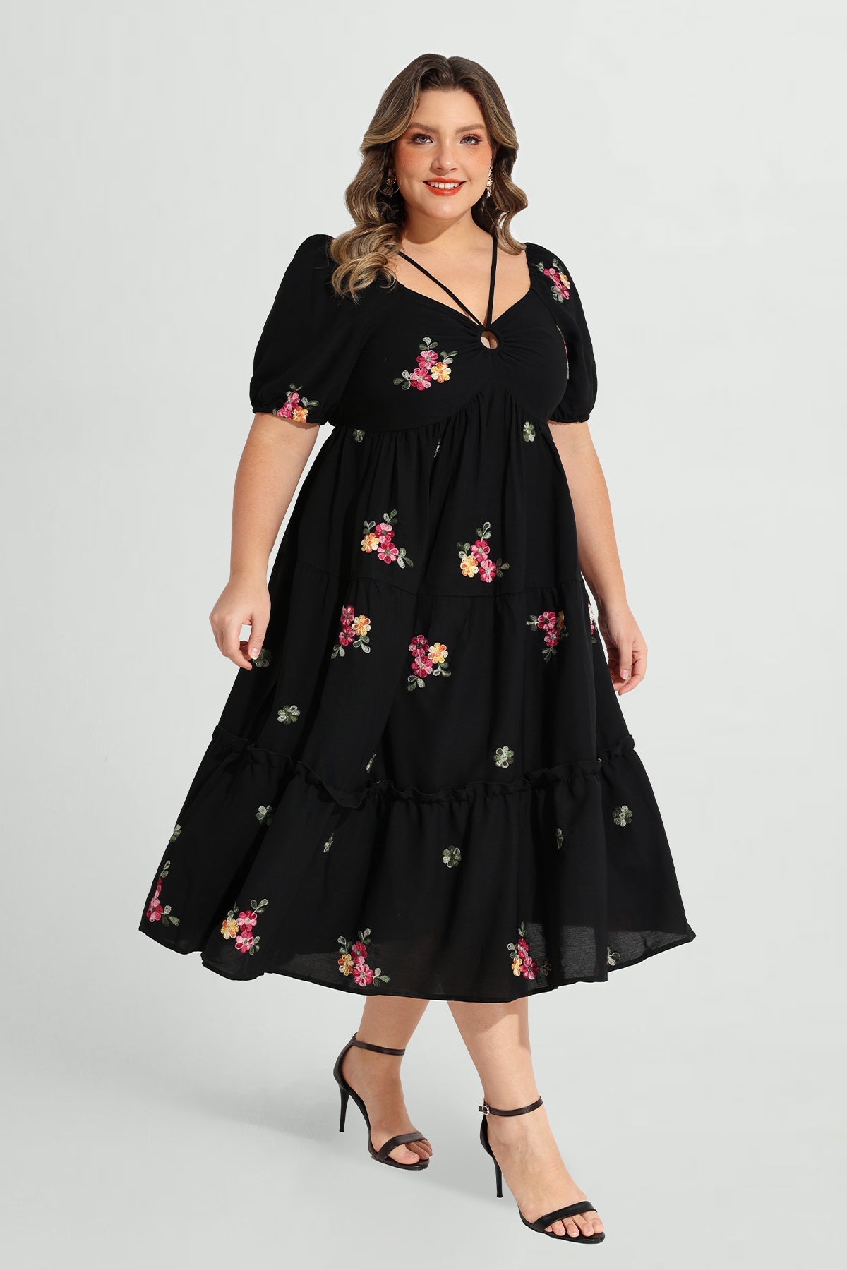 Ritera Pocket Floral Embroidered Tiered Midi Dress