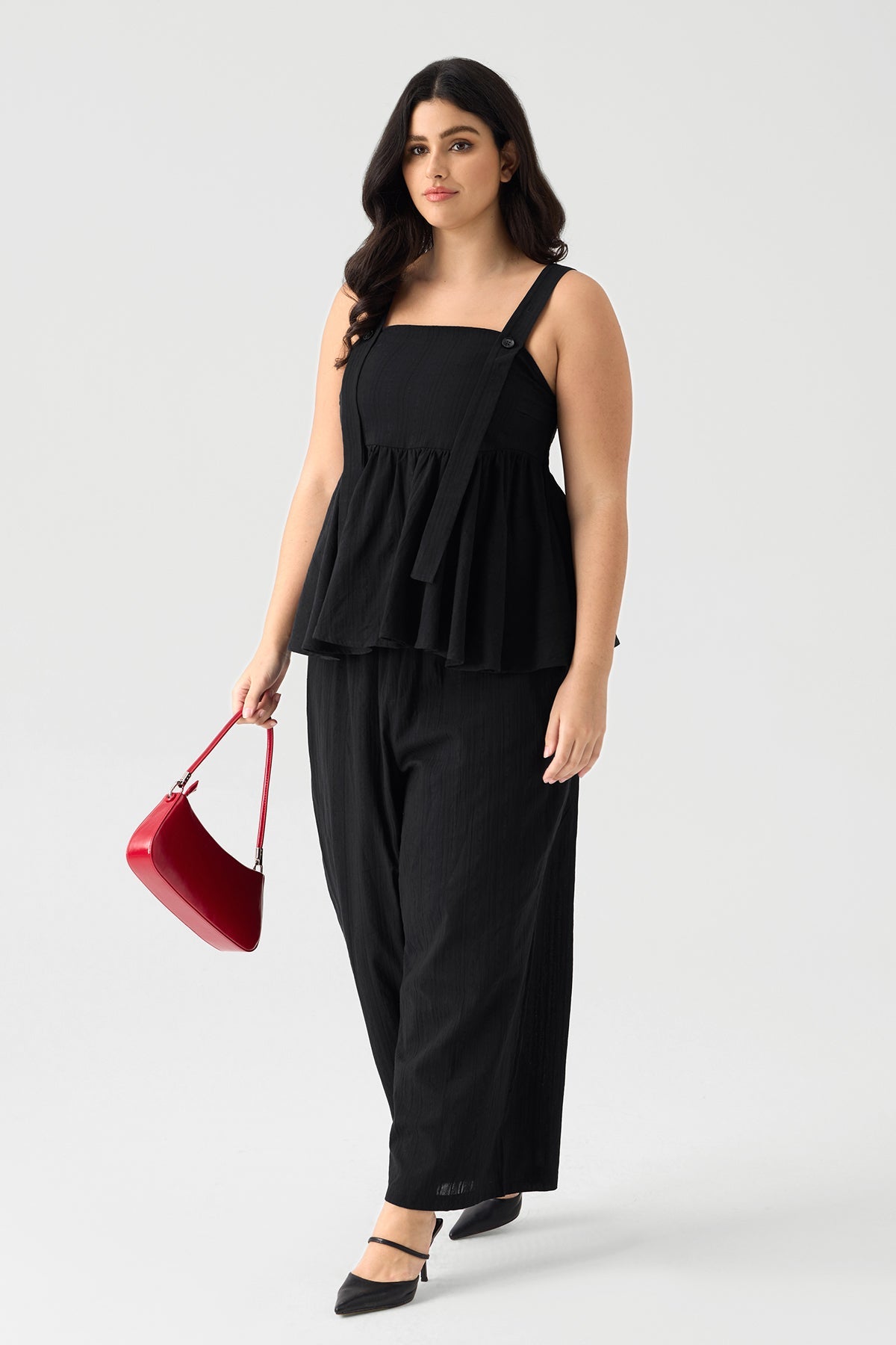 Ritera Elastic Waist Pleated Plain A-line Cami Tops