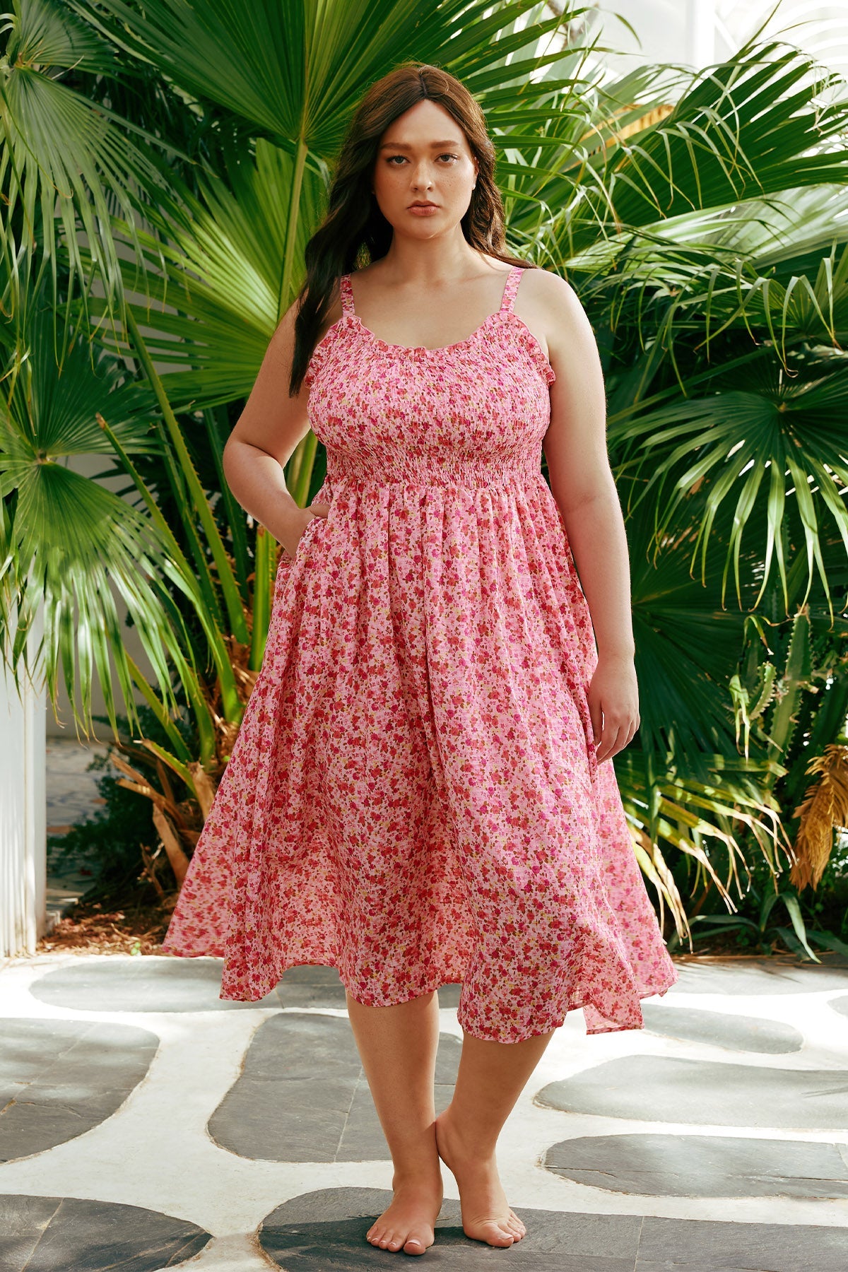 Ritera Pockets Adjustable Strap Floral A-line Midi Vacation Dress