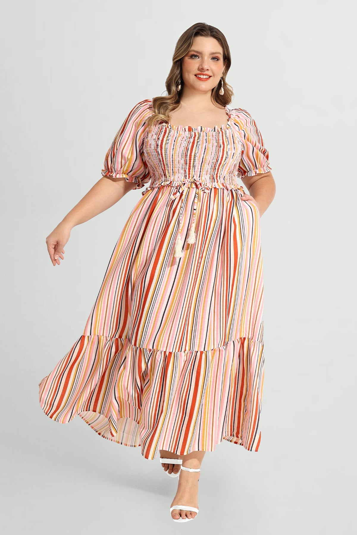 Ritera Pockets Rainbow Striped Drawstring A-line Vacation Dress