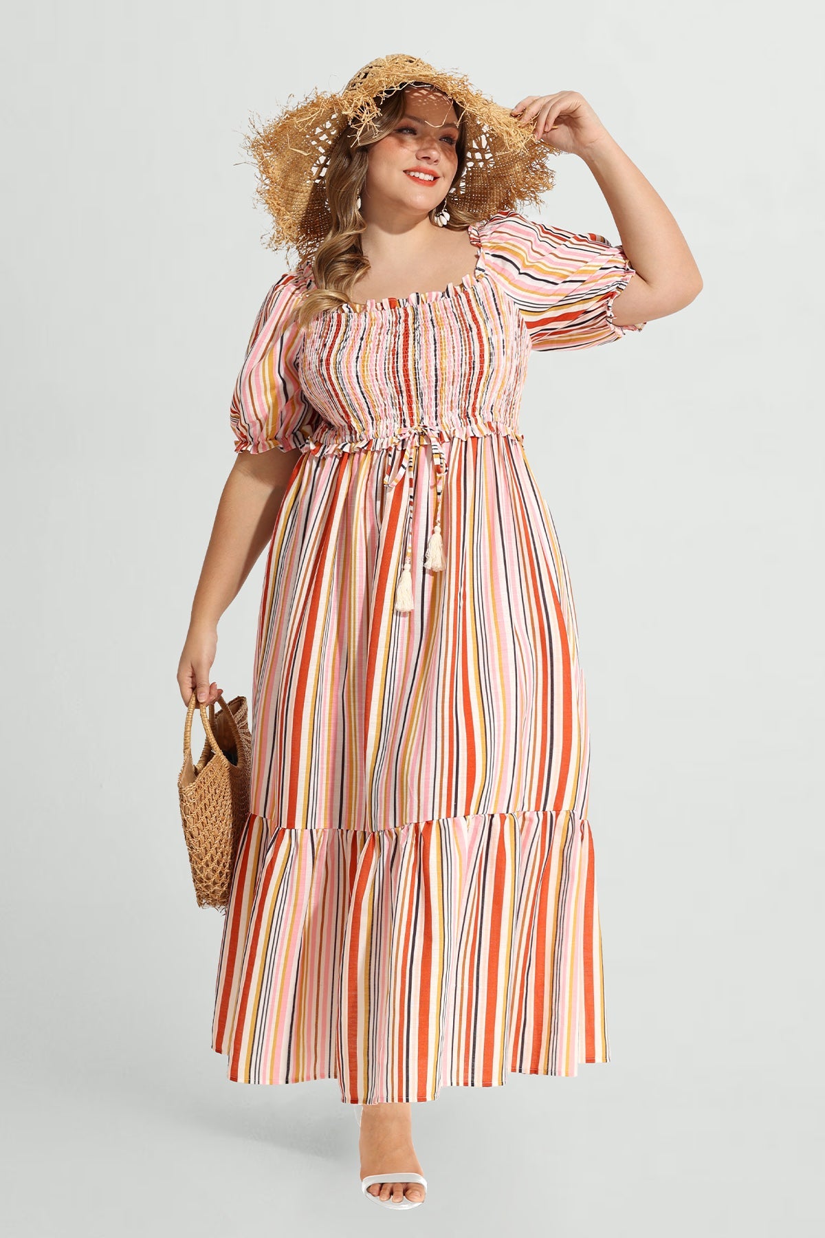 Ritera Pockets Rainbow Striped Drawstring A-line Vacation Dress