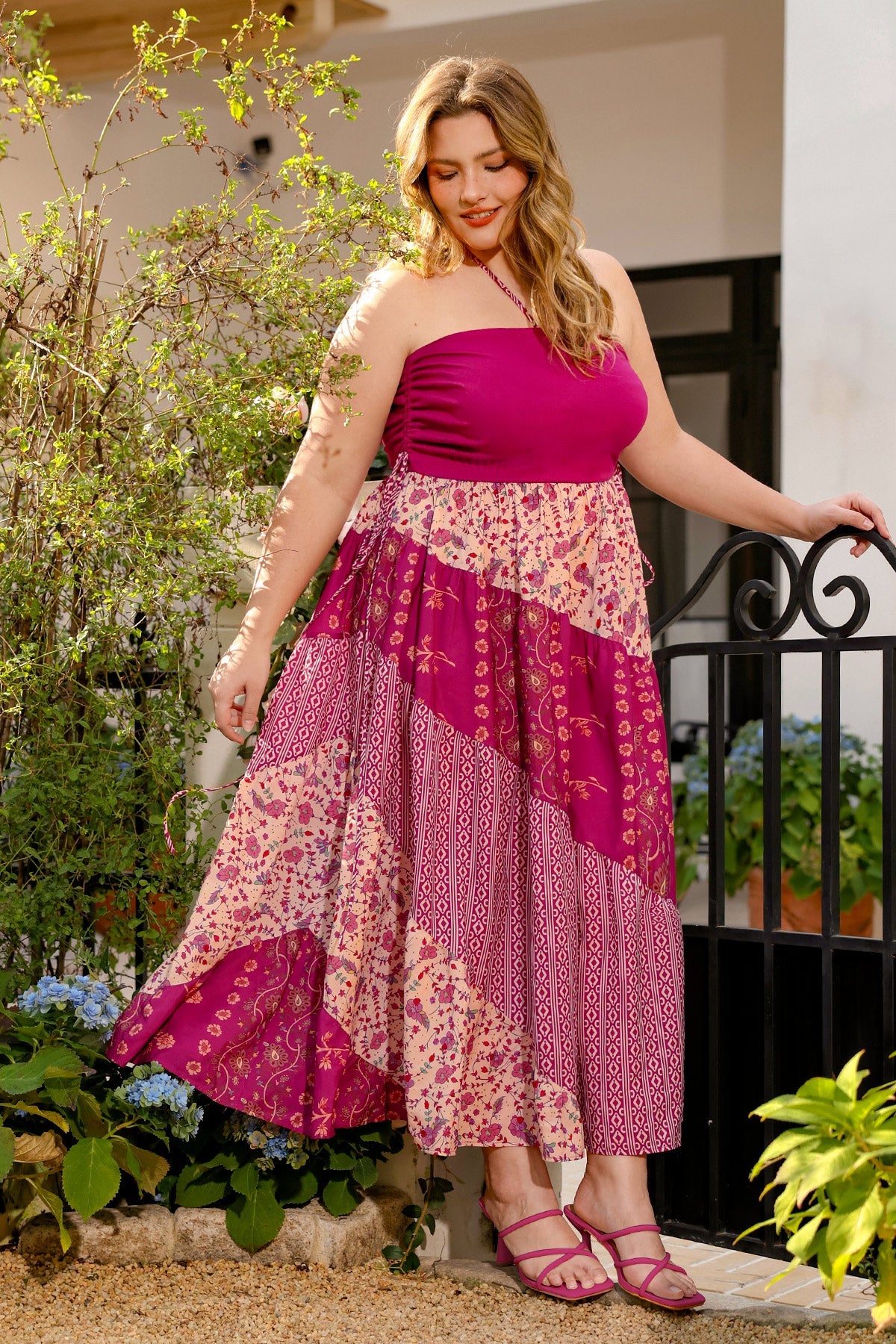 Ritera Pockets Boho Print Drawstring Strapless Neck Maxi Dress