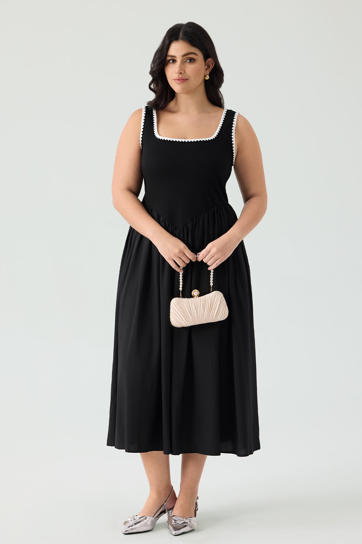Pockets Elastic Scalloped Square Neck Midi Dress