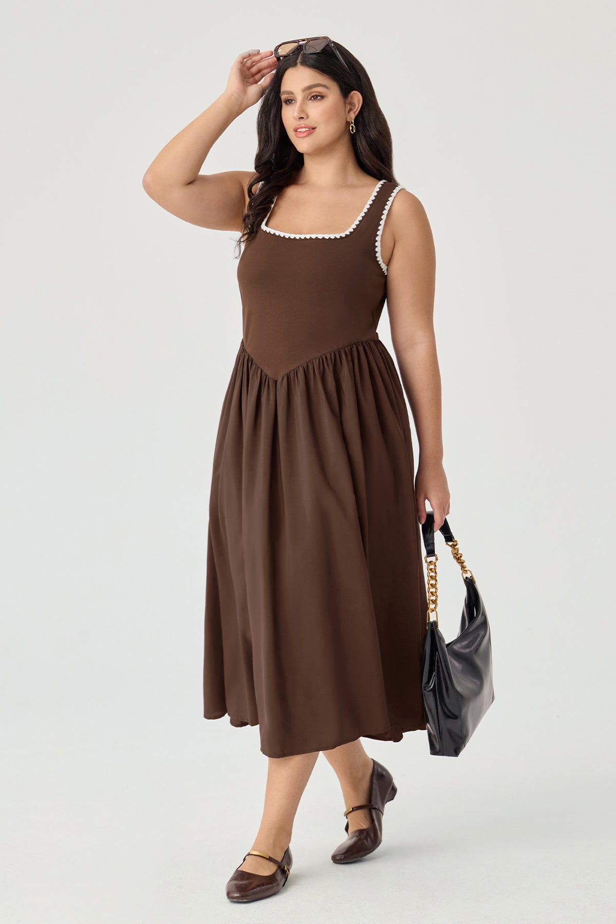 Pockets Elastic Scalloped Square Neck Midi Dress