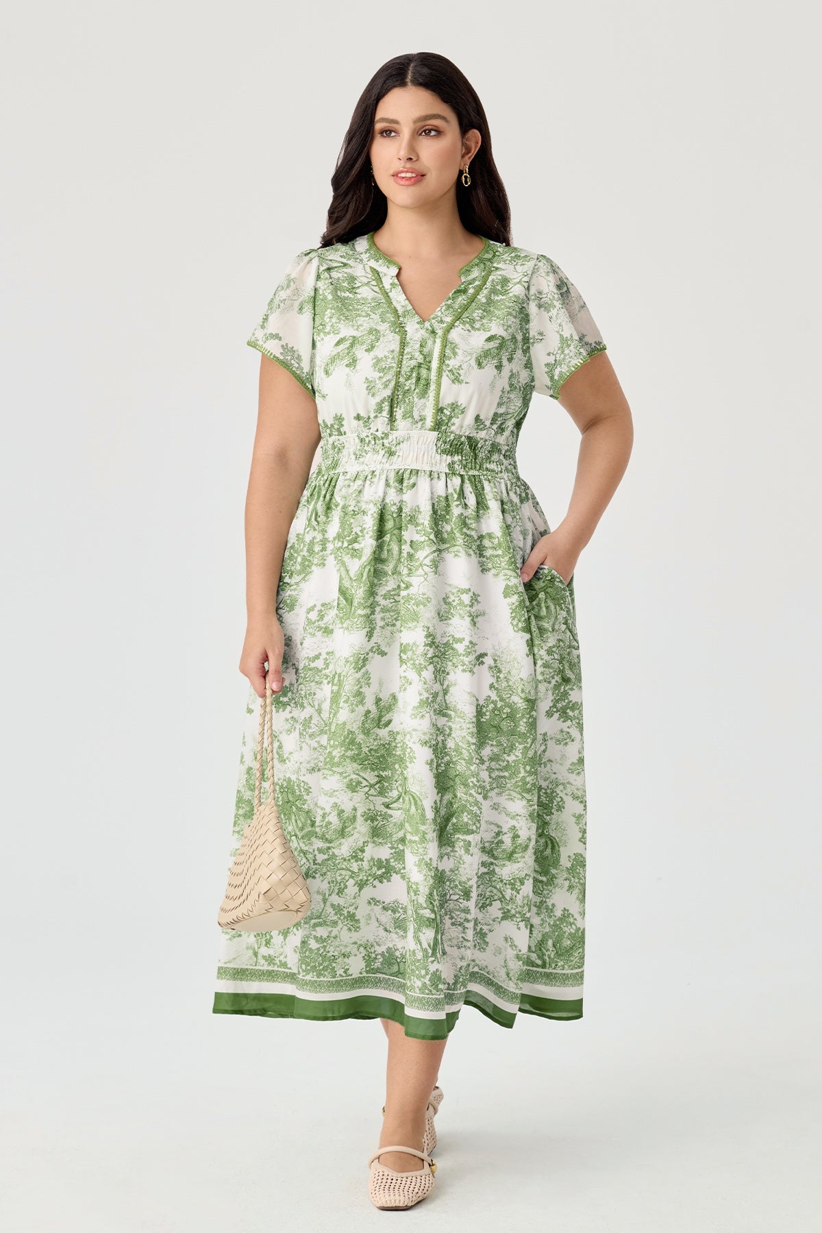 Pockets Elastic Waist Toile De Jouy Midi Dress