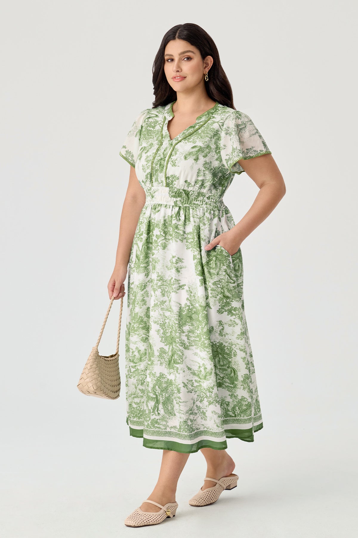 Pockets Elastic Waist Toile De Jouy Midi Dress