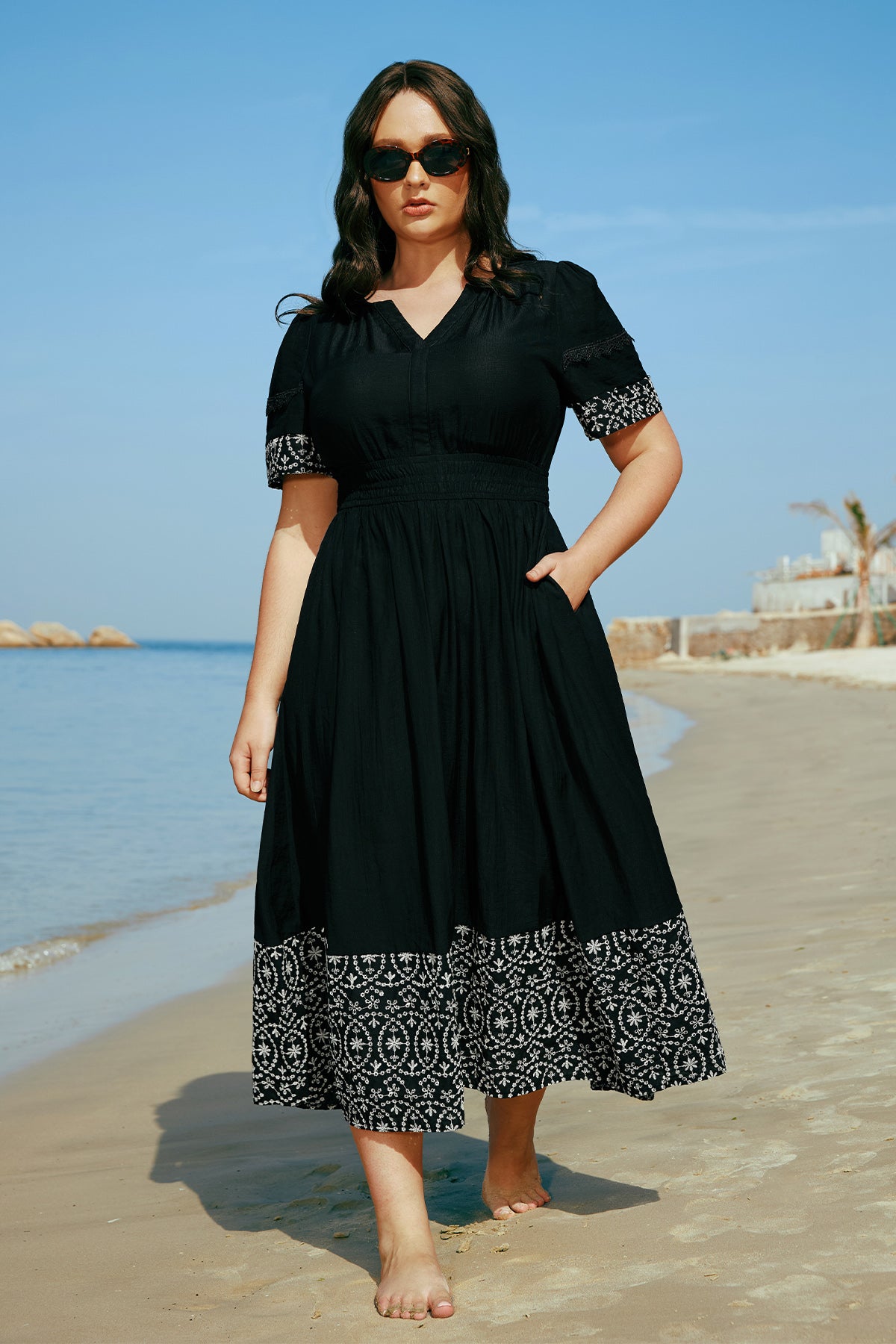 Pockets Elastic Waist Boho Embroidered Midi Dress