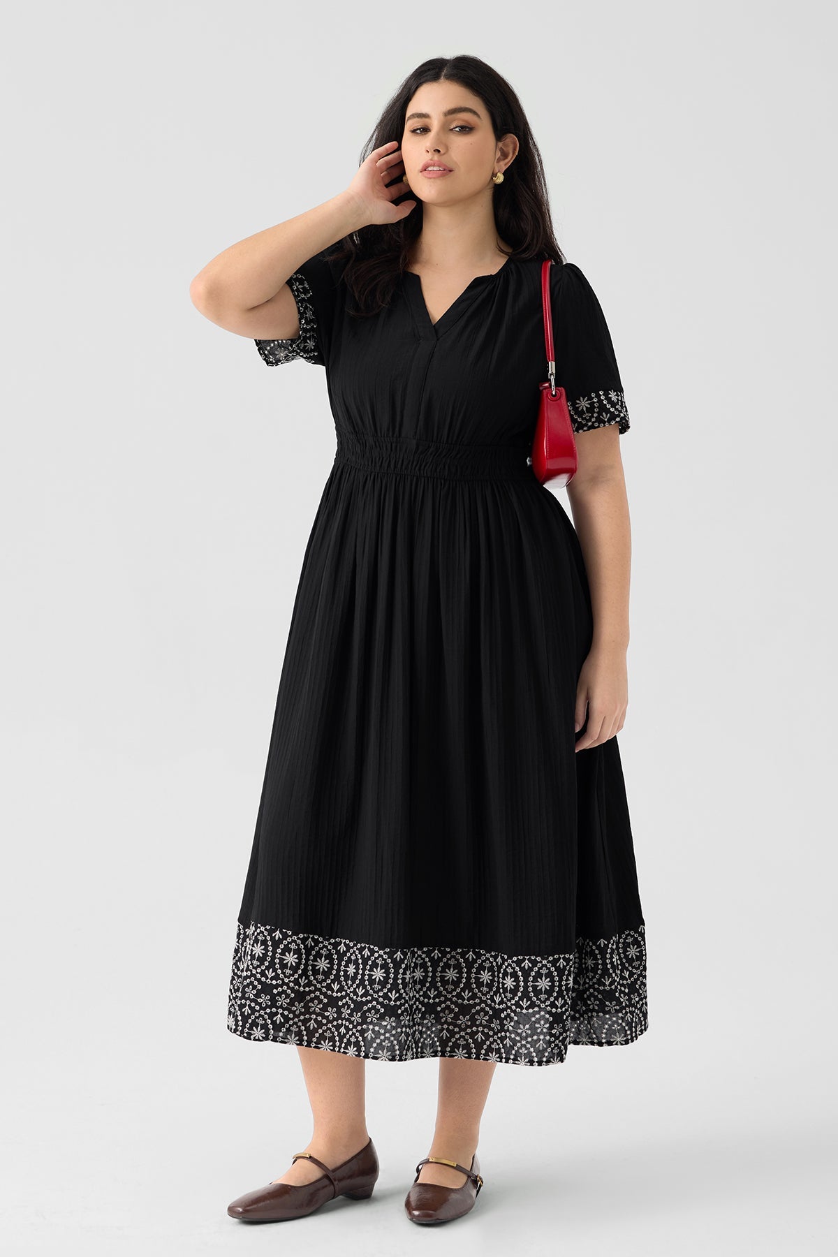 Pockets Elastic Waist Boho Embroidered Midi Dress