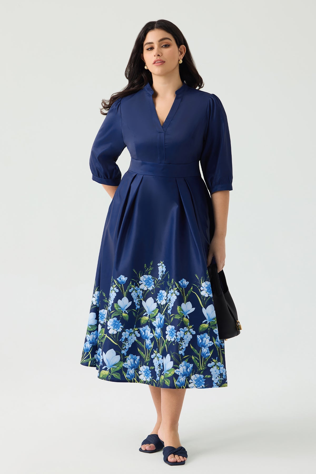 Ritera Pockets Bow Tie Waist Navy Blue Floral A-Line Midi Dress