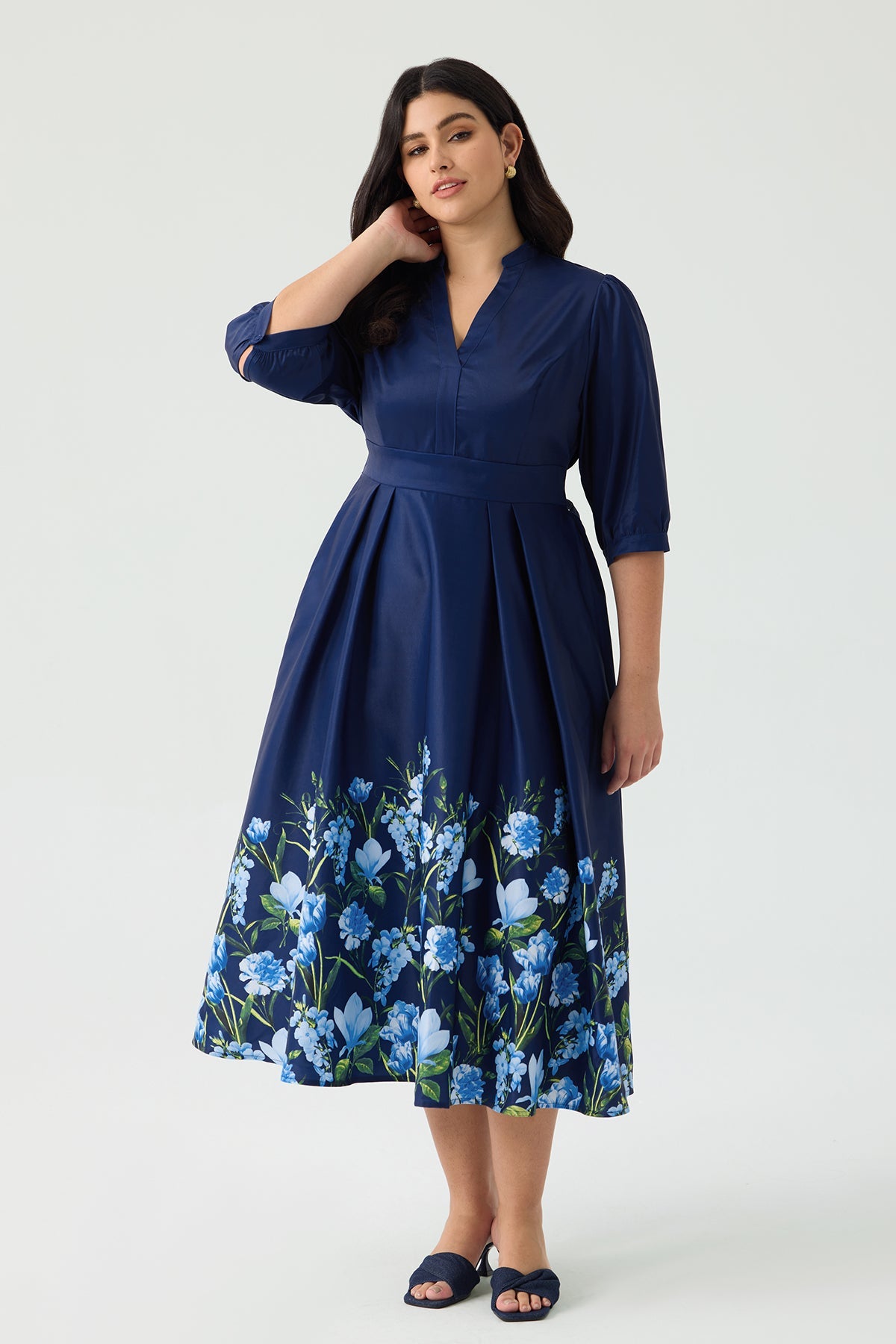 Ritera Pockets Bow Tie Waist Navy Blue Floral A-Line Midi Dress