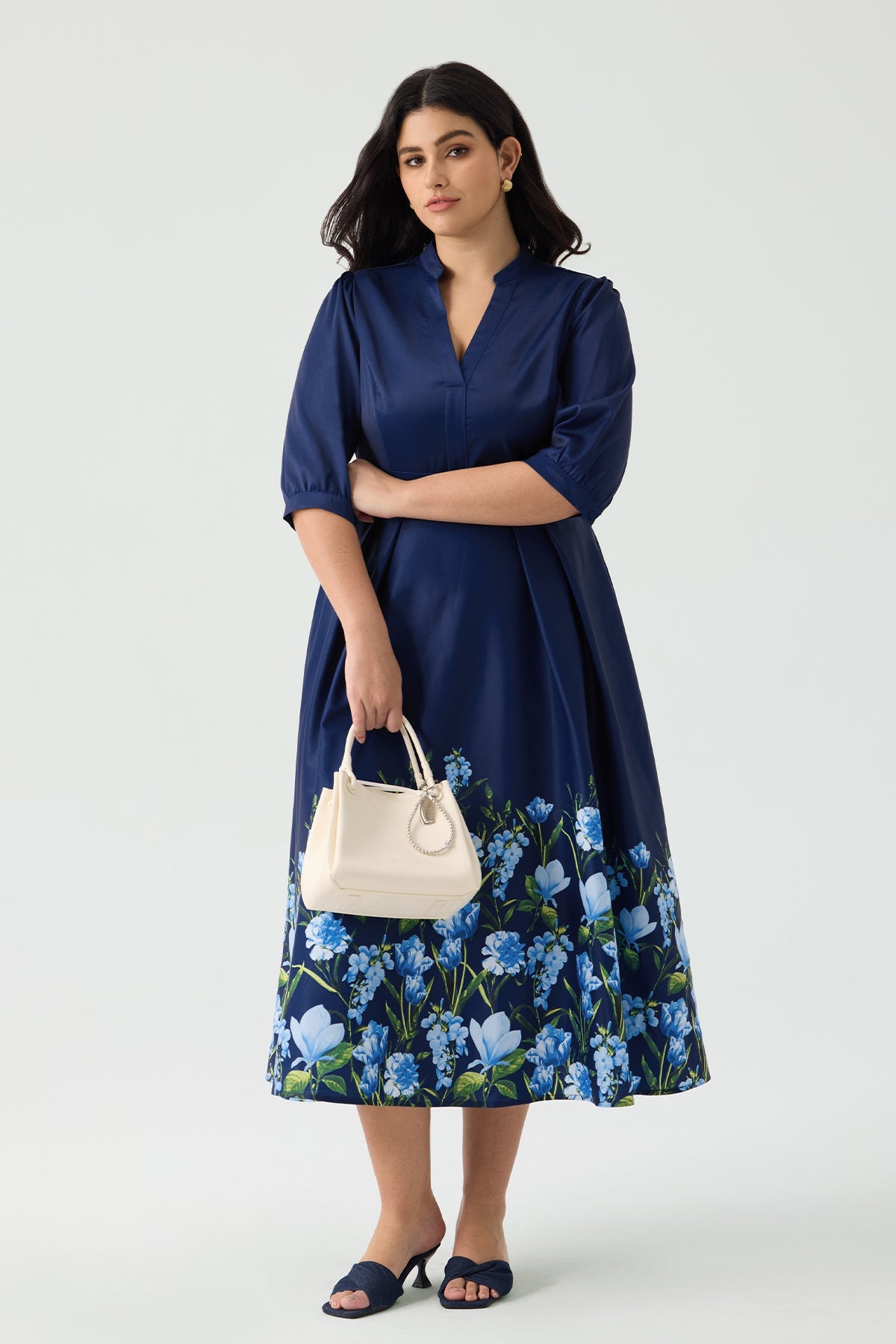 Ritera Pockets Bow Tie Waist Navy Blue Floral A-Line Midi Dress
