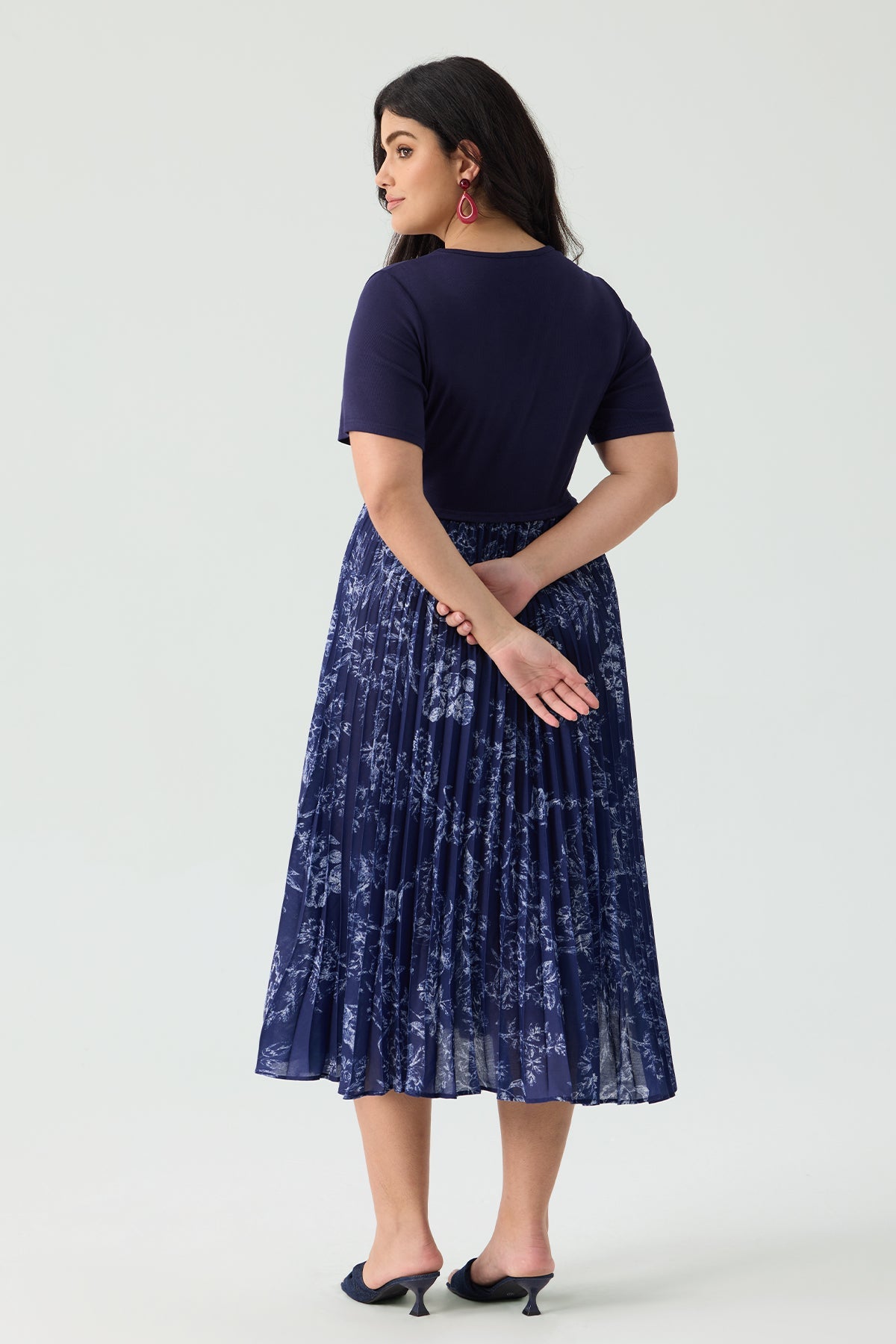 Ritera Patchwork Navy Floral Pleated Flowy A-Line Midi Dress
