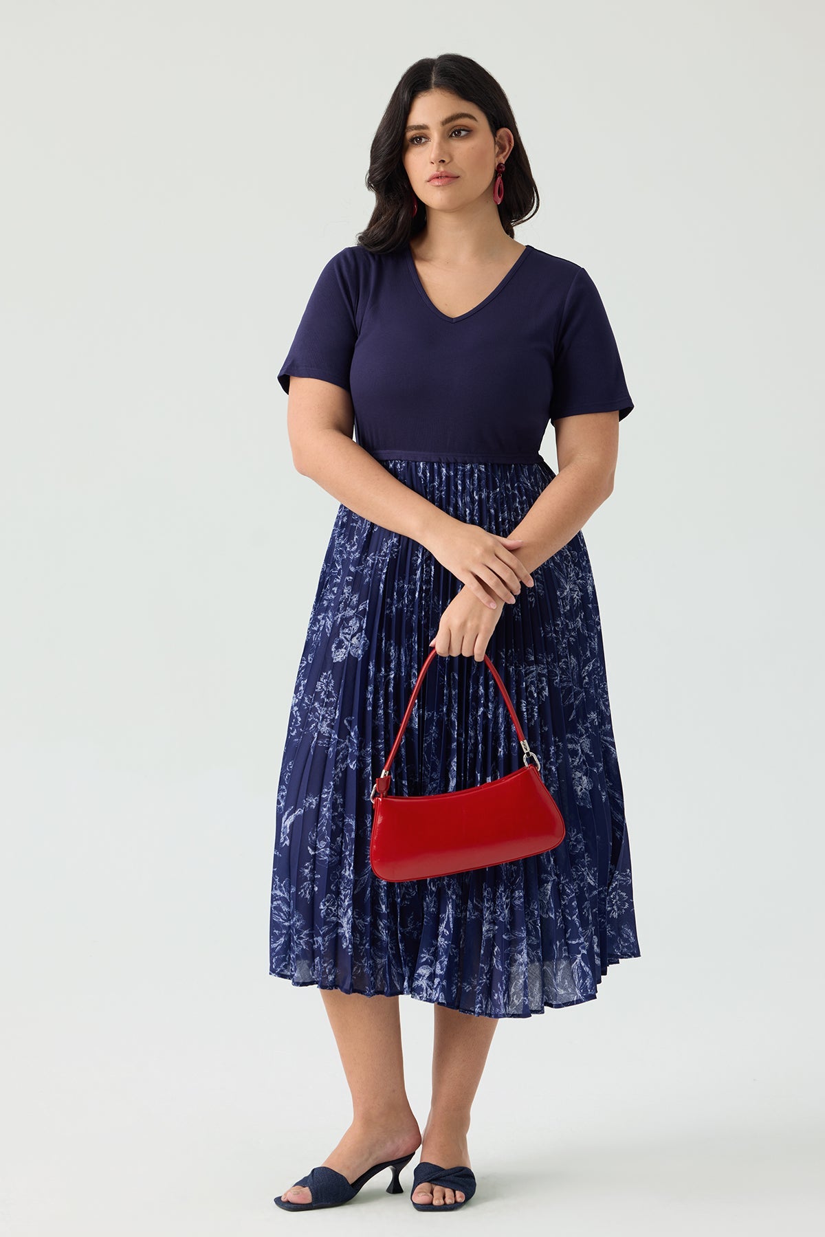 Ritera Patchwork Navy Floral Pleated Flowy A-Line Midi Dress