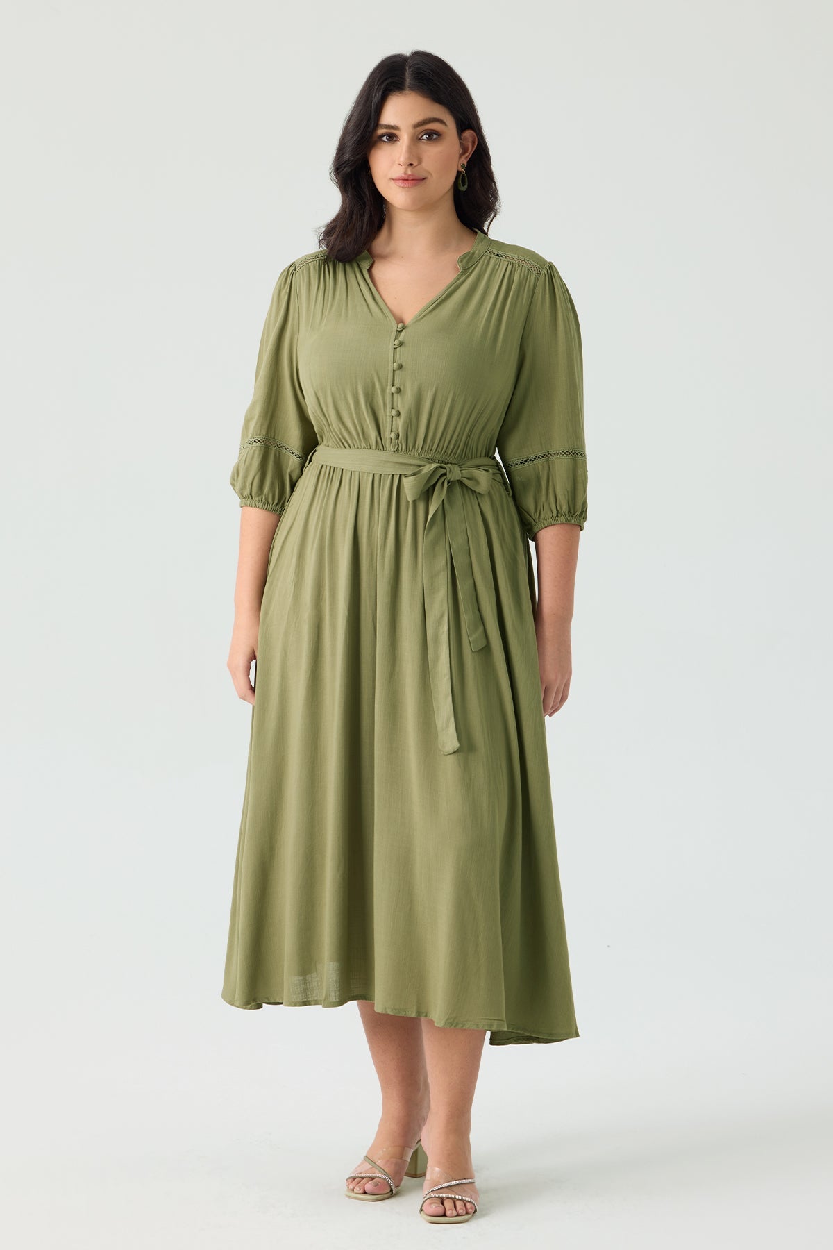 Ritera Pockets Adjustable Tie Waist Embroidered Details Green Midi Dress