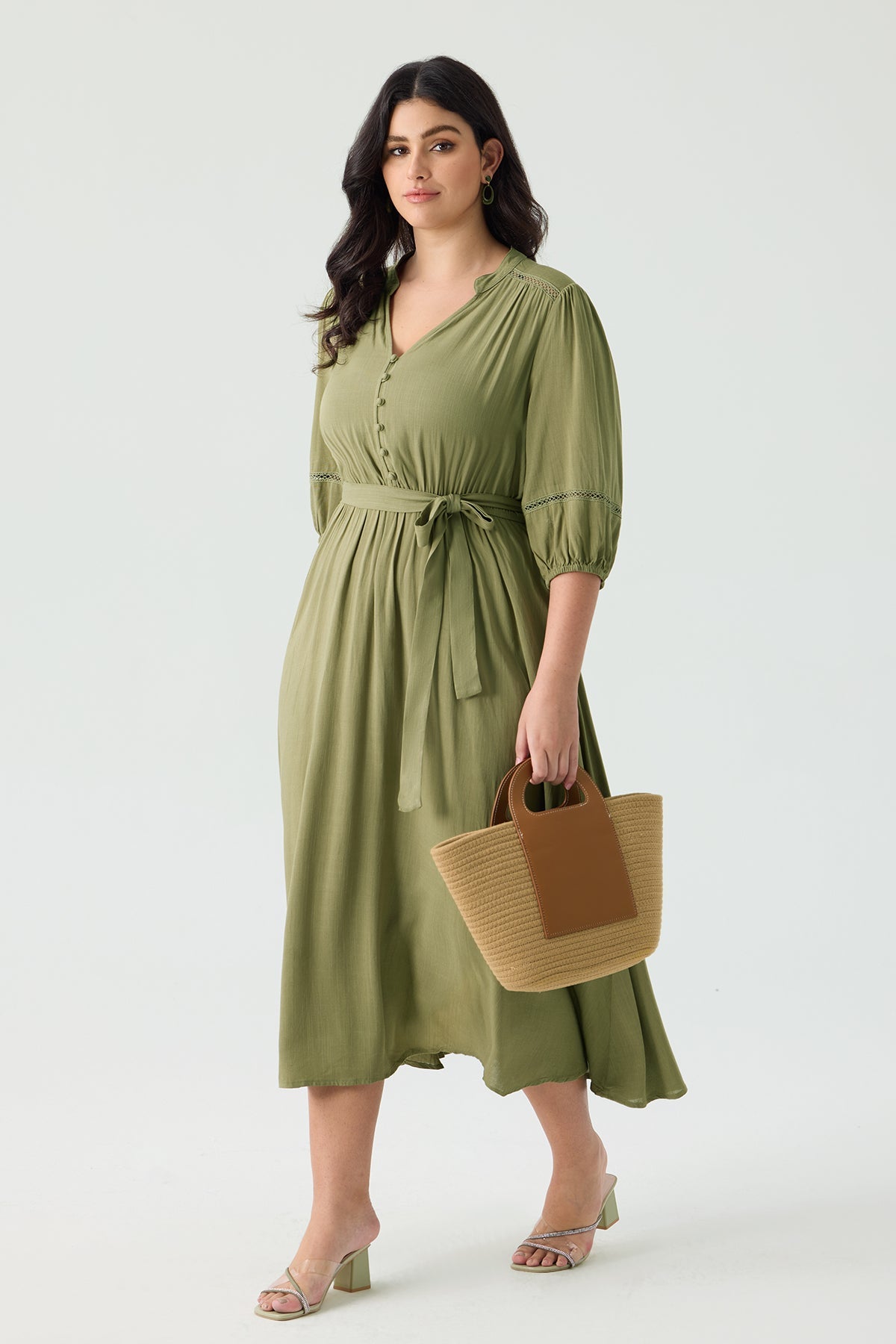 Ritera Pockets Adjustable Tie Waist Embroidered Details Green Midi Dress