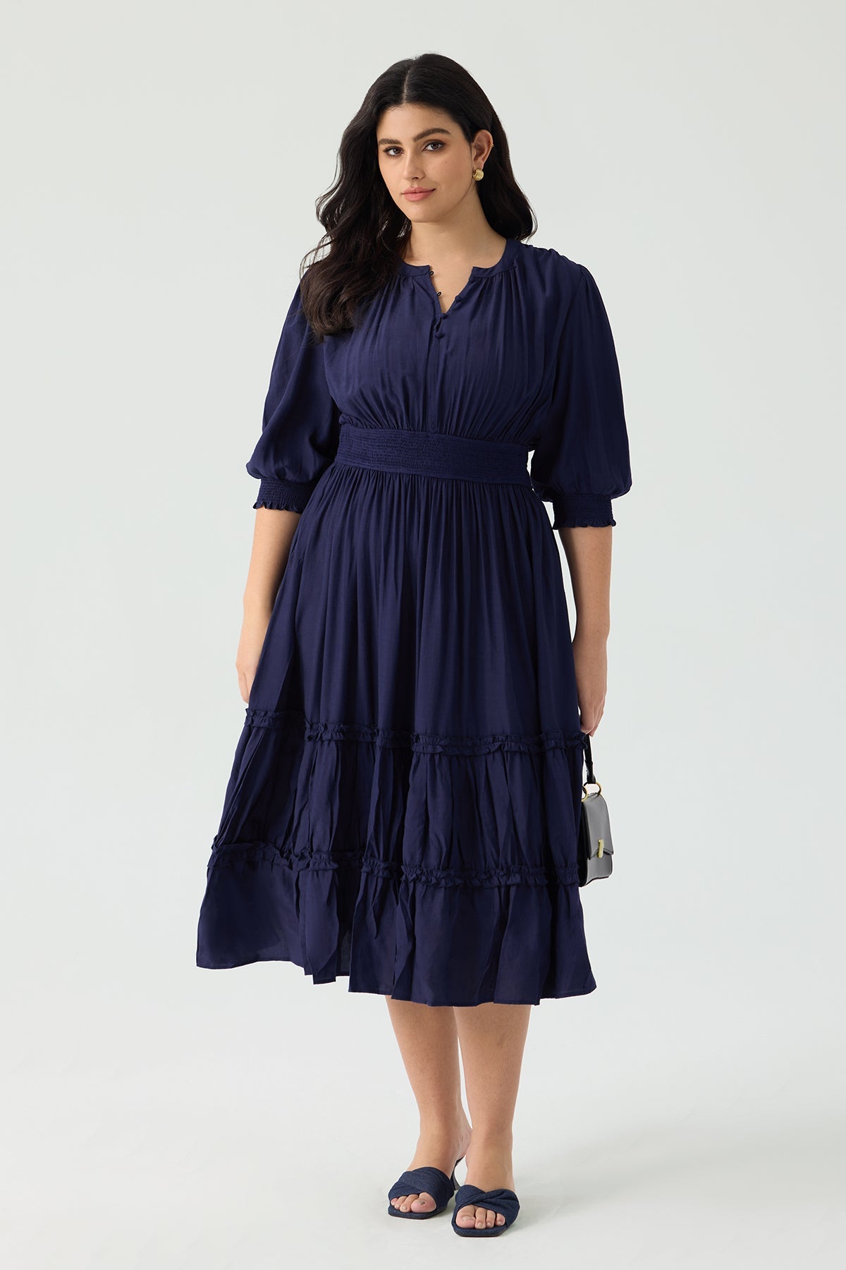 Ritera Pocket Smock Waist Tiered Ruffled Button Midi Dress