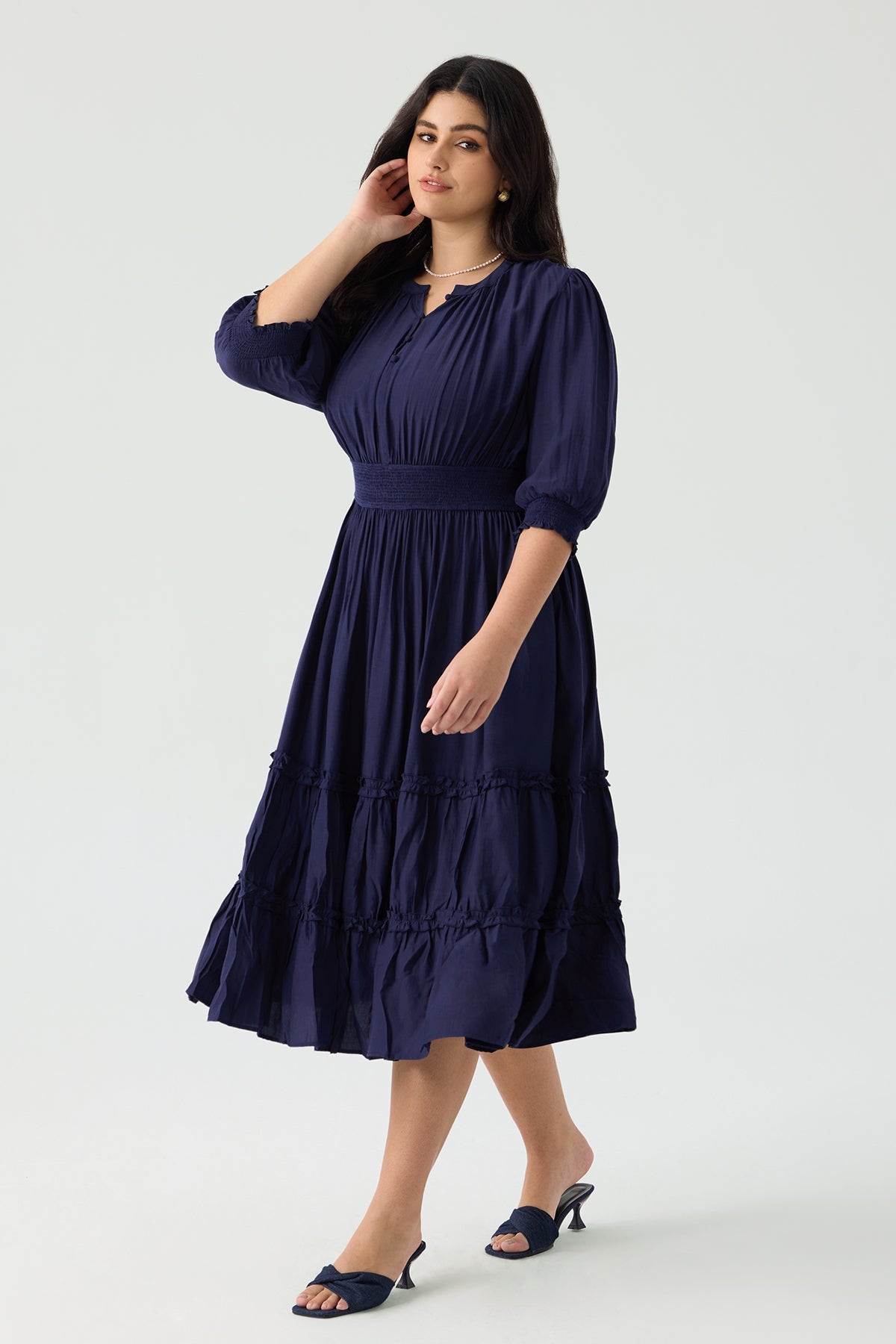 Ritera Pocket Smock Waist Tiered Ruffled Button Midi Dress