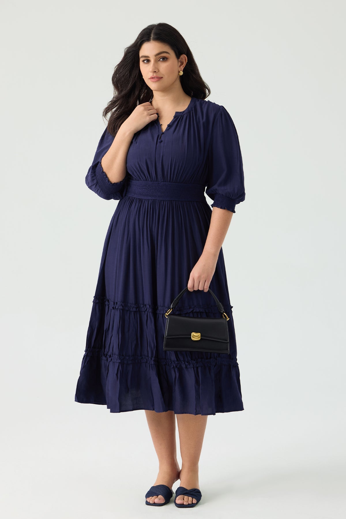 Ritera Pocket Smock Waist Tiered Ruffled Button Midi Dress