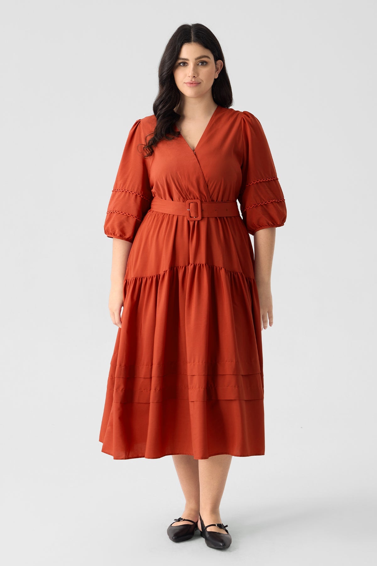 Ritera Pockets Tiered Boho A-Line Midi Dress with Adjustable Belt