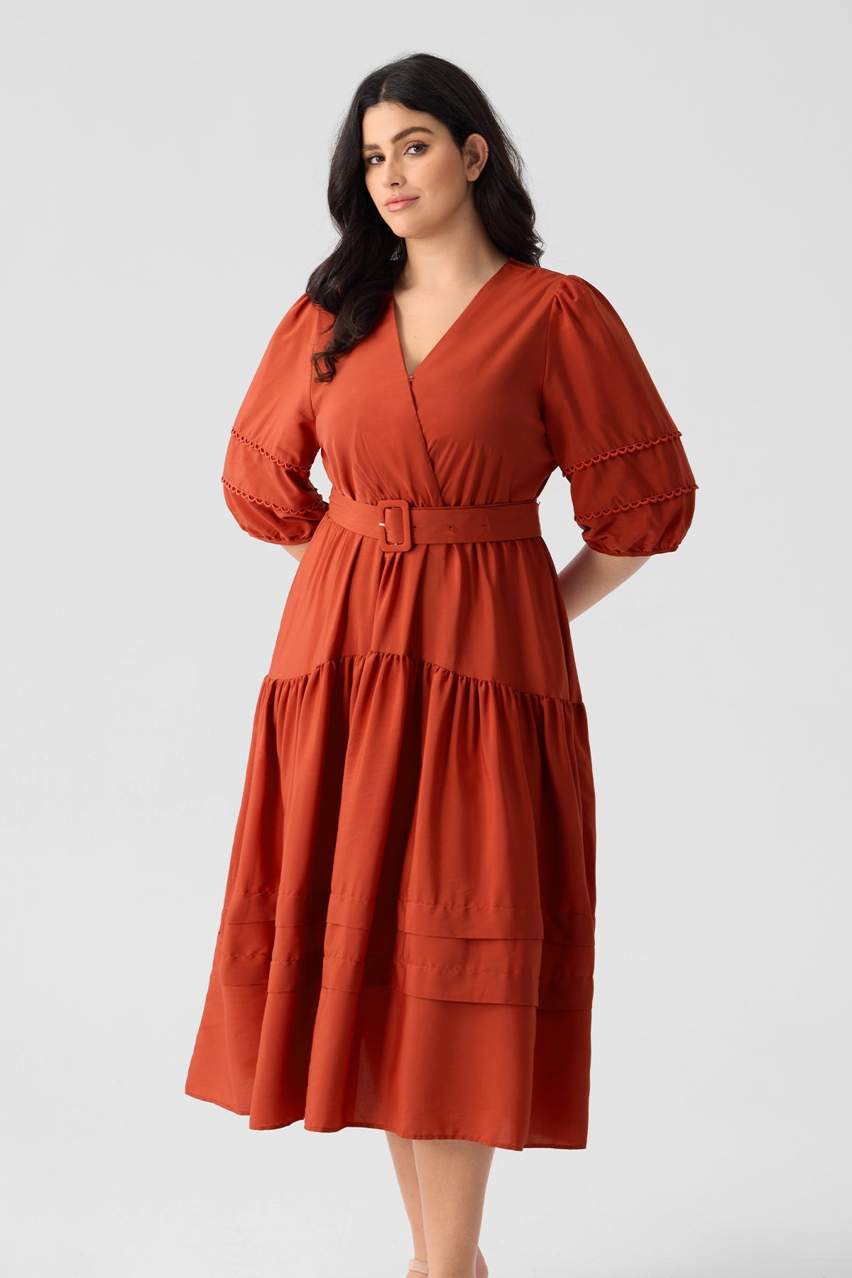 Ritera Pockets Tiered Boho A-Line Midi Dress with Adjustable Belt