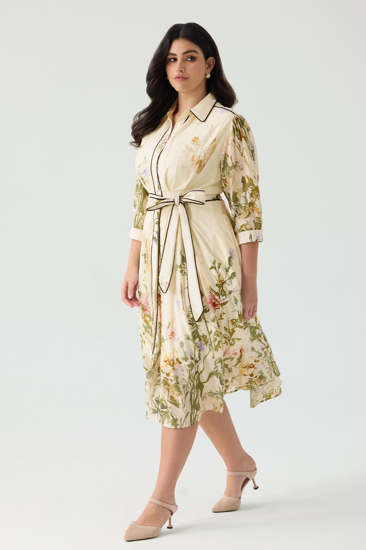 Ritera Pockets Floral Print Elegant Midi Shirt Dress with Tie Waist Belt