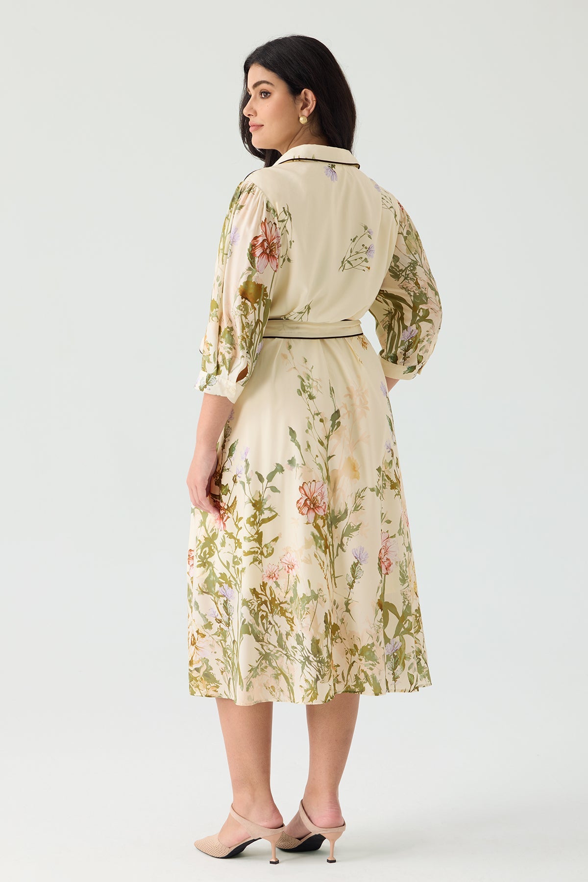 Ritera Pockets Floral Print Elegant Midi Shirt Dress with Tie Waist Belt