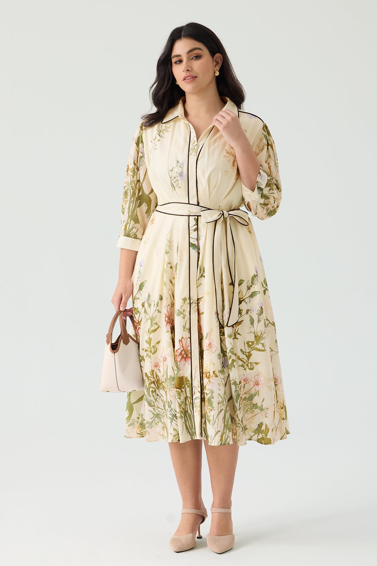 Ritera Pockets Floral Print Elegant Midi Shirt Dress with Tie Waist Belt