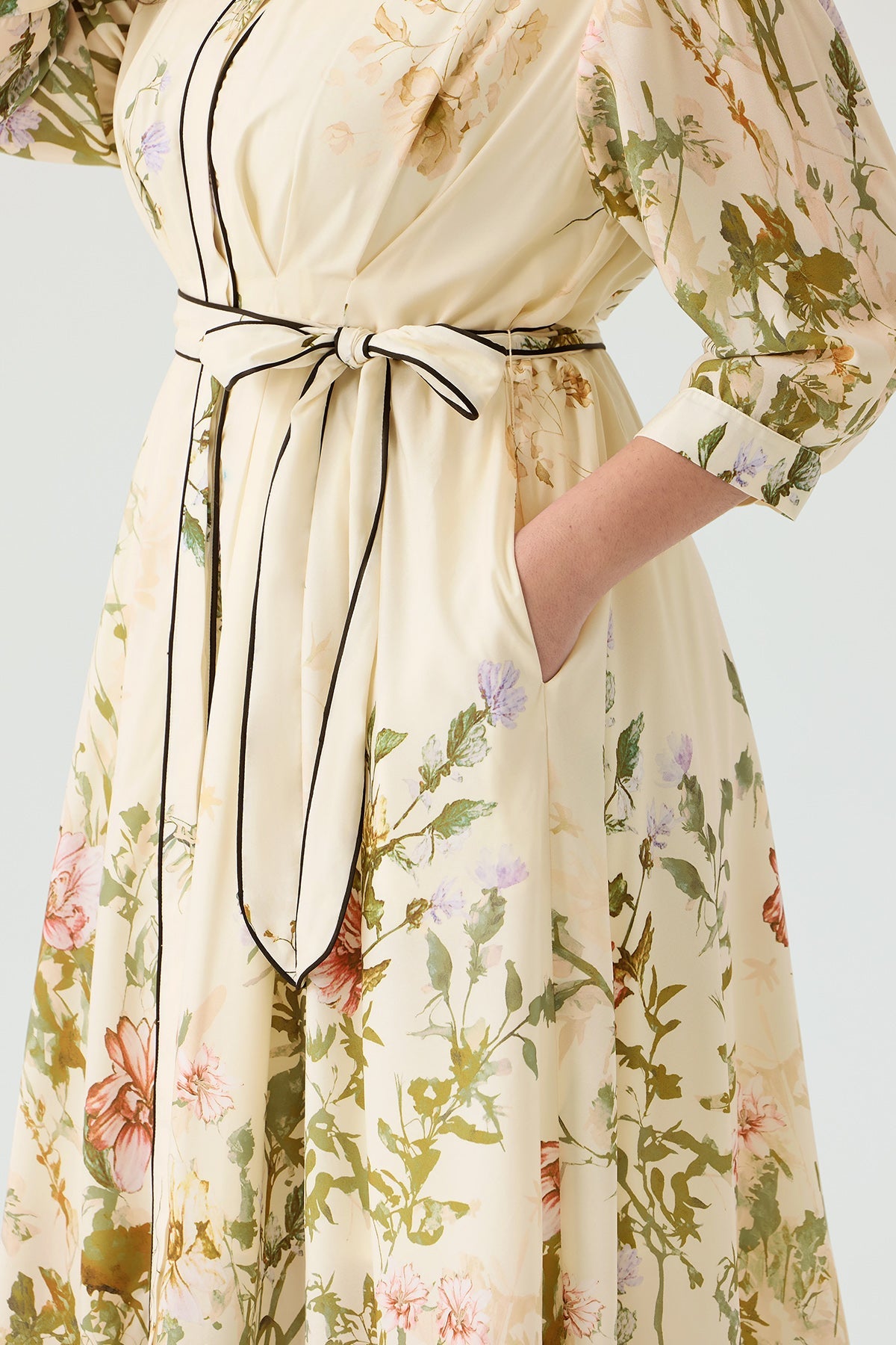 Ritera Pockets Floral Print Elegant Midi Shirt Dress with Tie Waist Belt