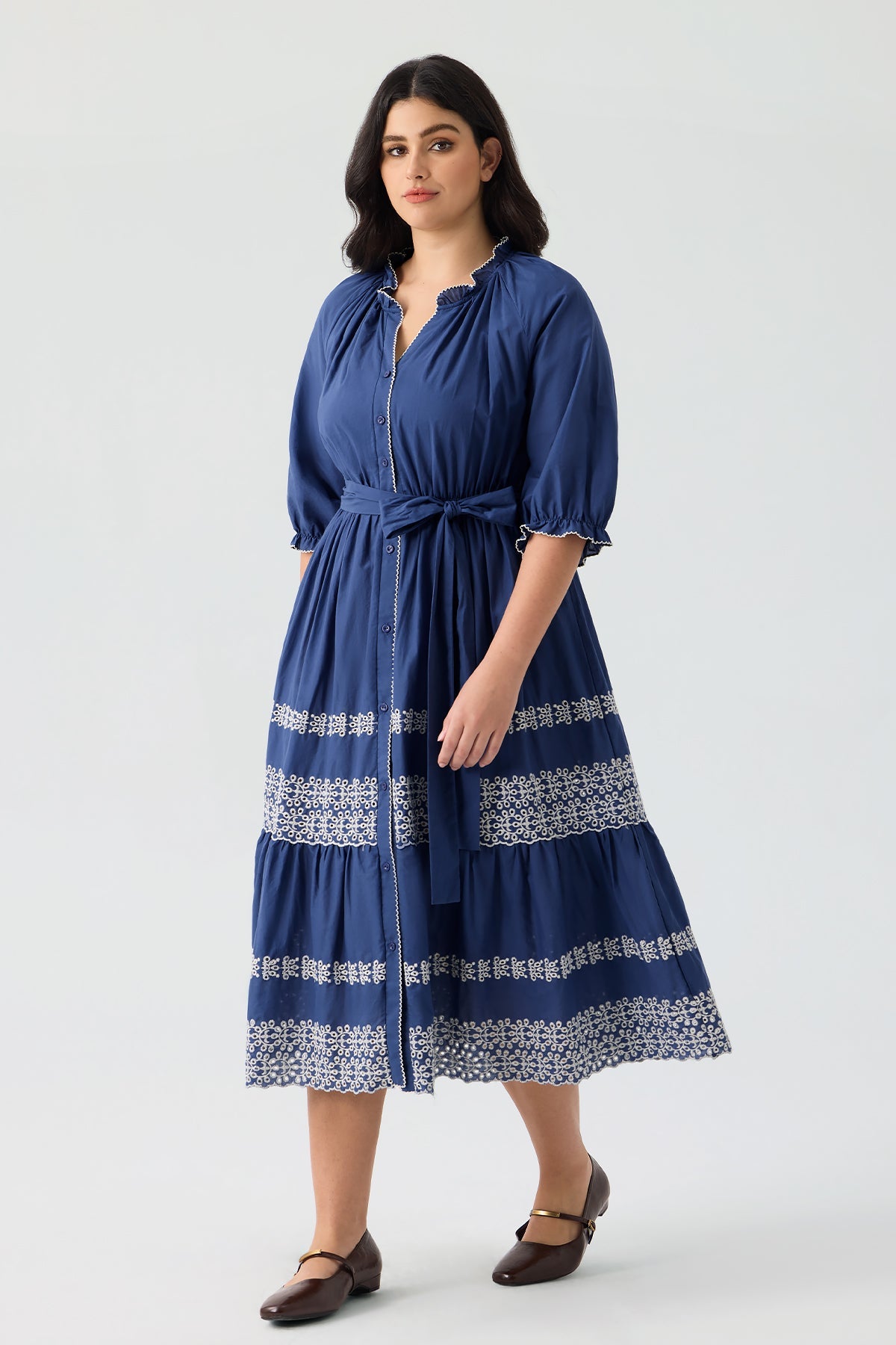 Ritera Embroidered Tiered Bohemian A-Line Shirt Dress with Belt