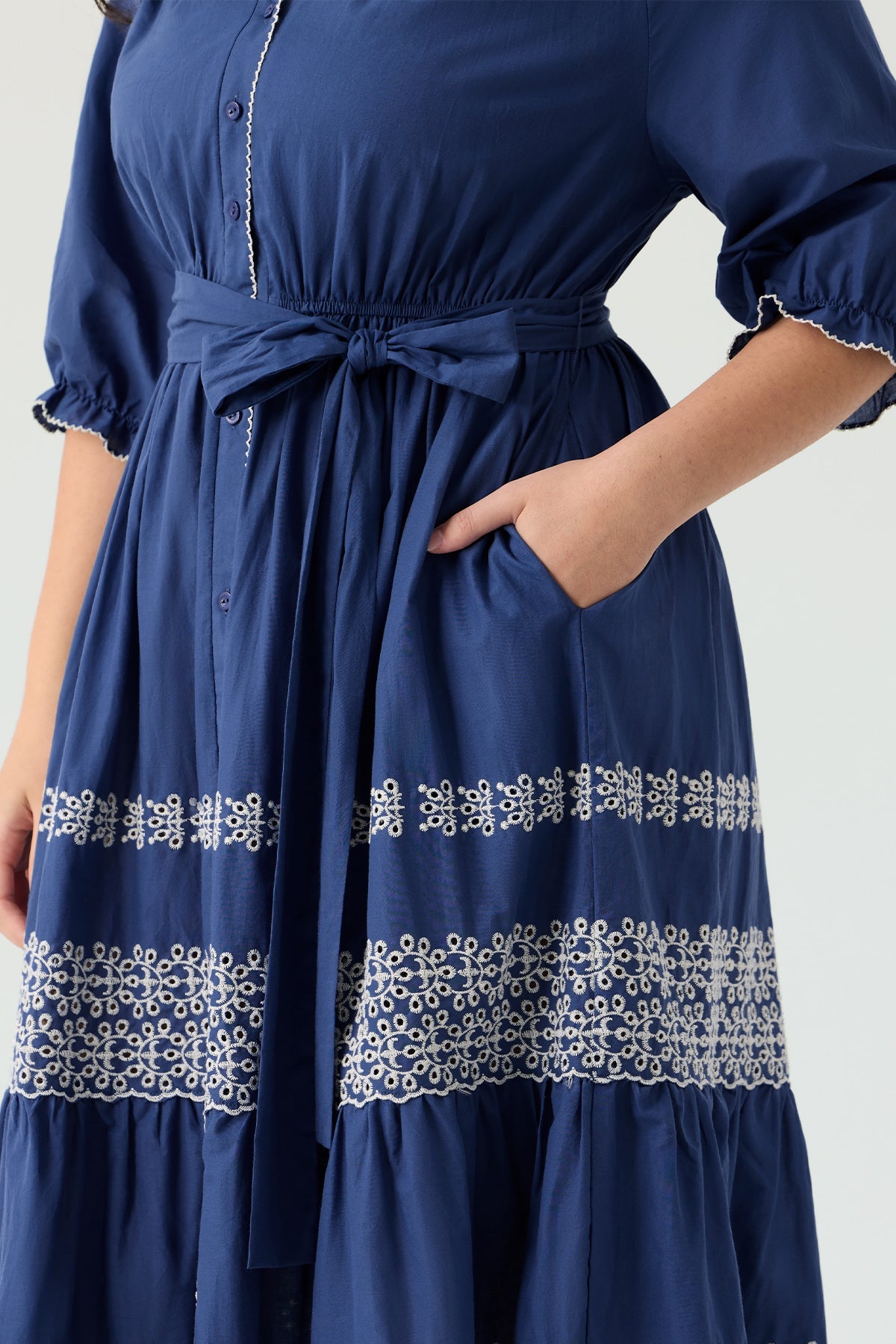 Ritera Embroidered Tiered Bohemian A-Line Shirt Dress with Belt