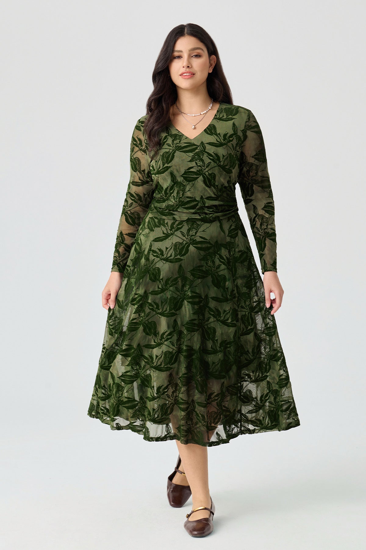 Ritera V-Neck Smocked Waist Flocked Mesh Midi Dress