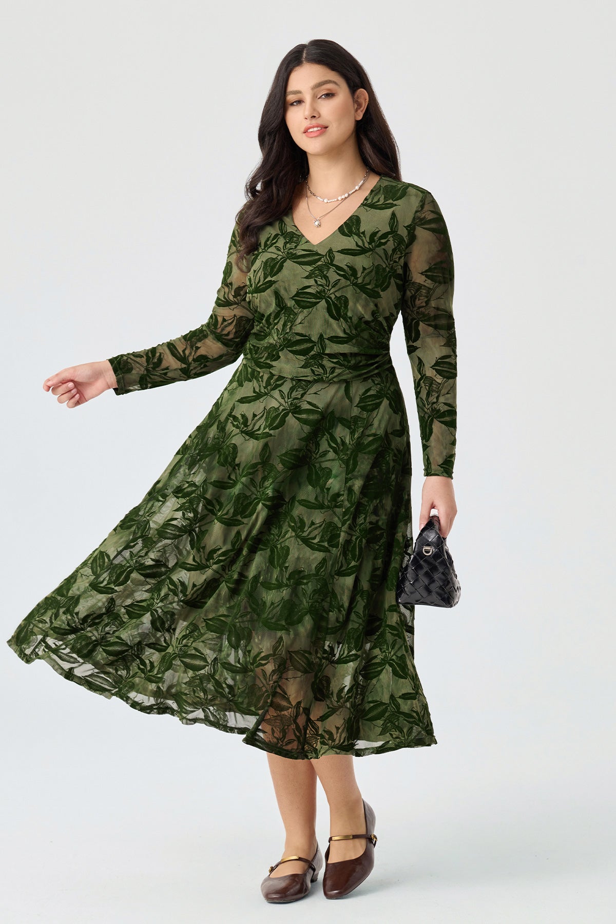 Ritera V-Neck Smocked Waist Flocked Mesh Midi Dress