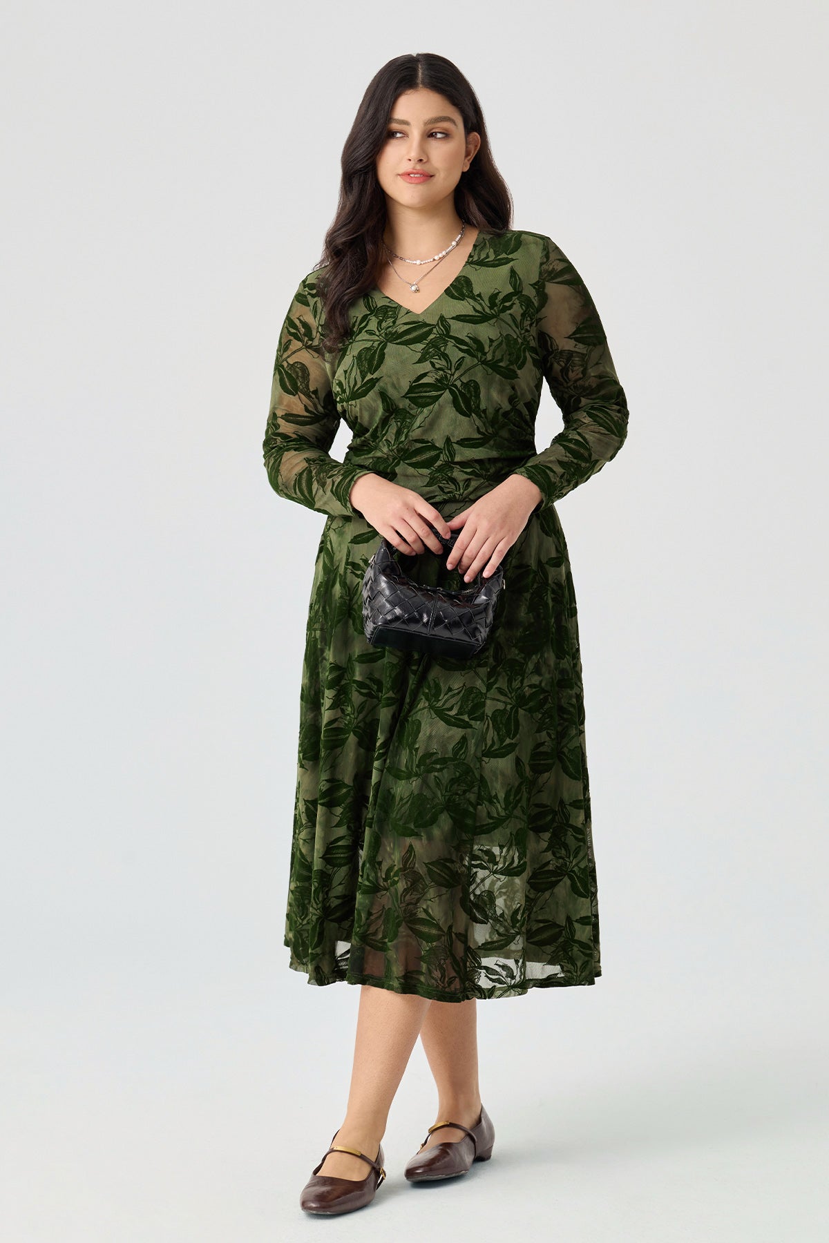 Ritera V-Neck Smocked Waist Flocked Mesh Midi Dress