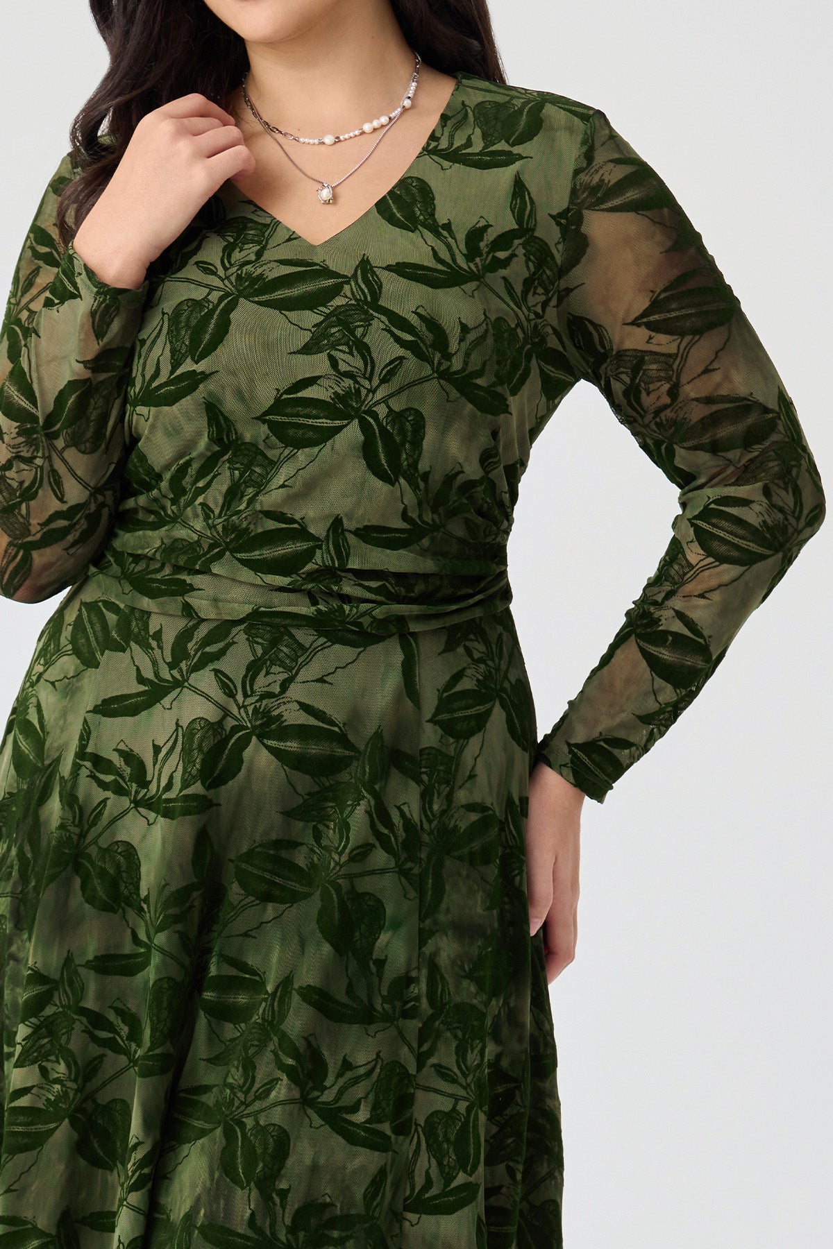 Ritera V-Neck Smocked Waist Flocked Mesh Midi Dress