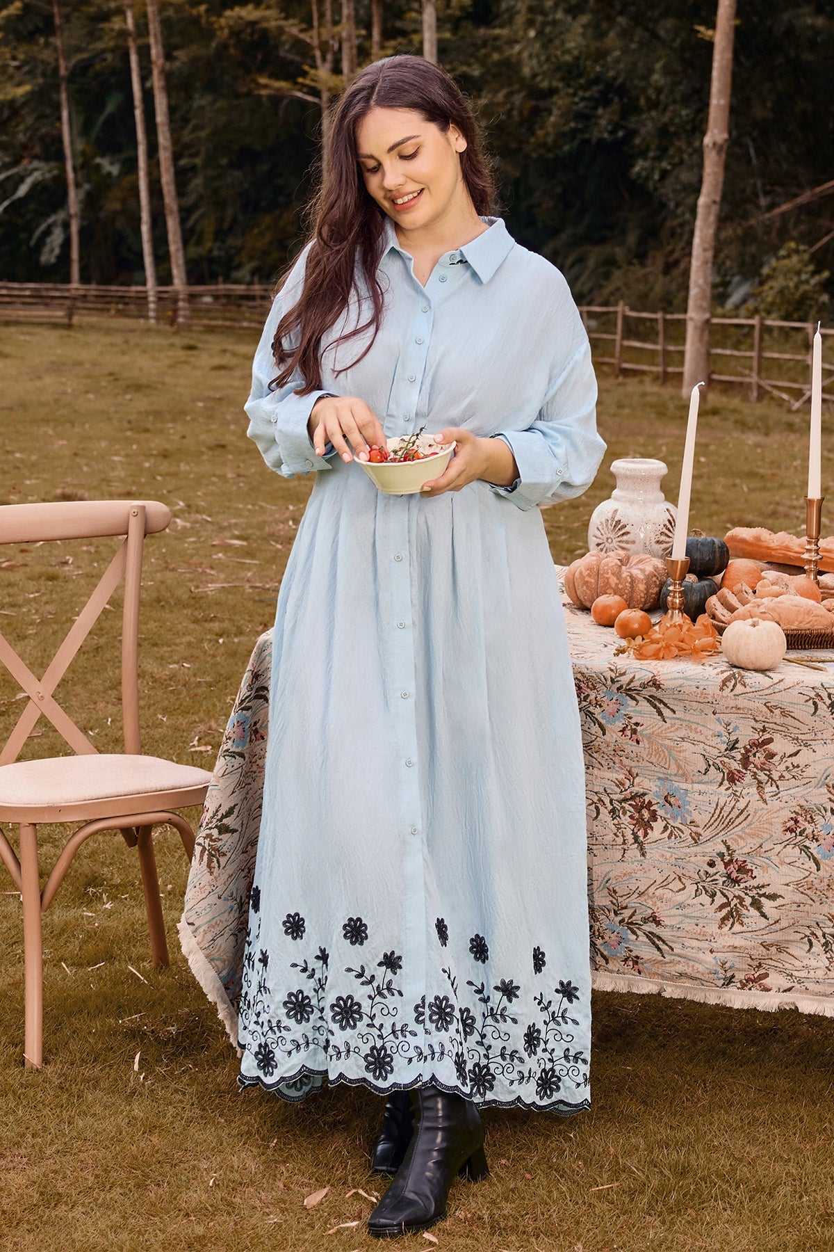 Ritera Pockets Elegant Floral Boho Embroidered Midi Shirt Dress