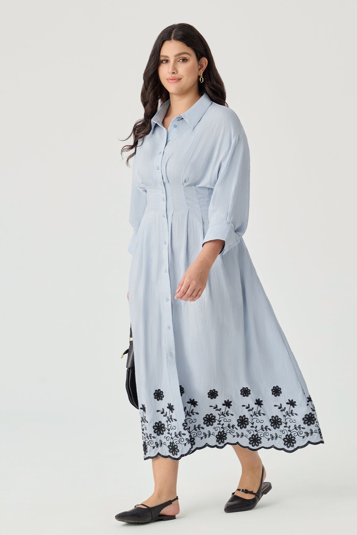 Ritera Pockets Elegant Floral Boho Embroidered Midi Shirt Dress