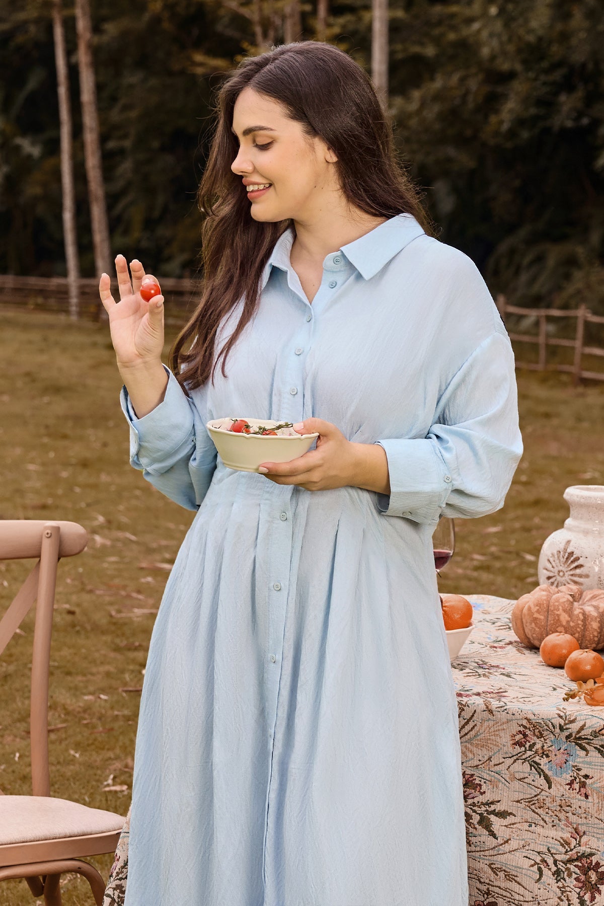 Ritera Pockets Elegant Floral Boho Embroidered Midi Shirt Dress