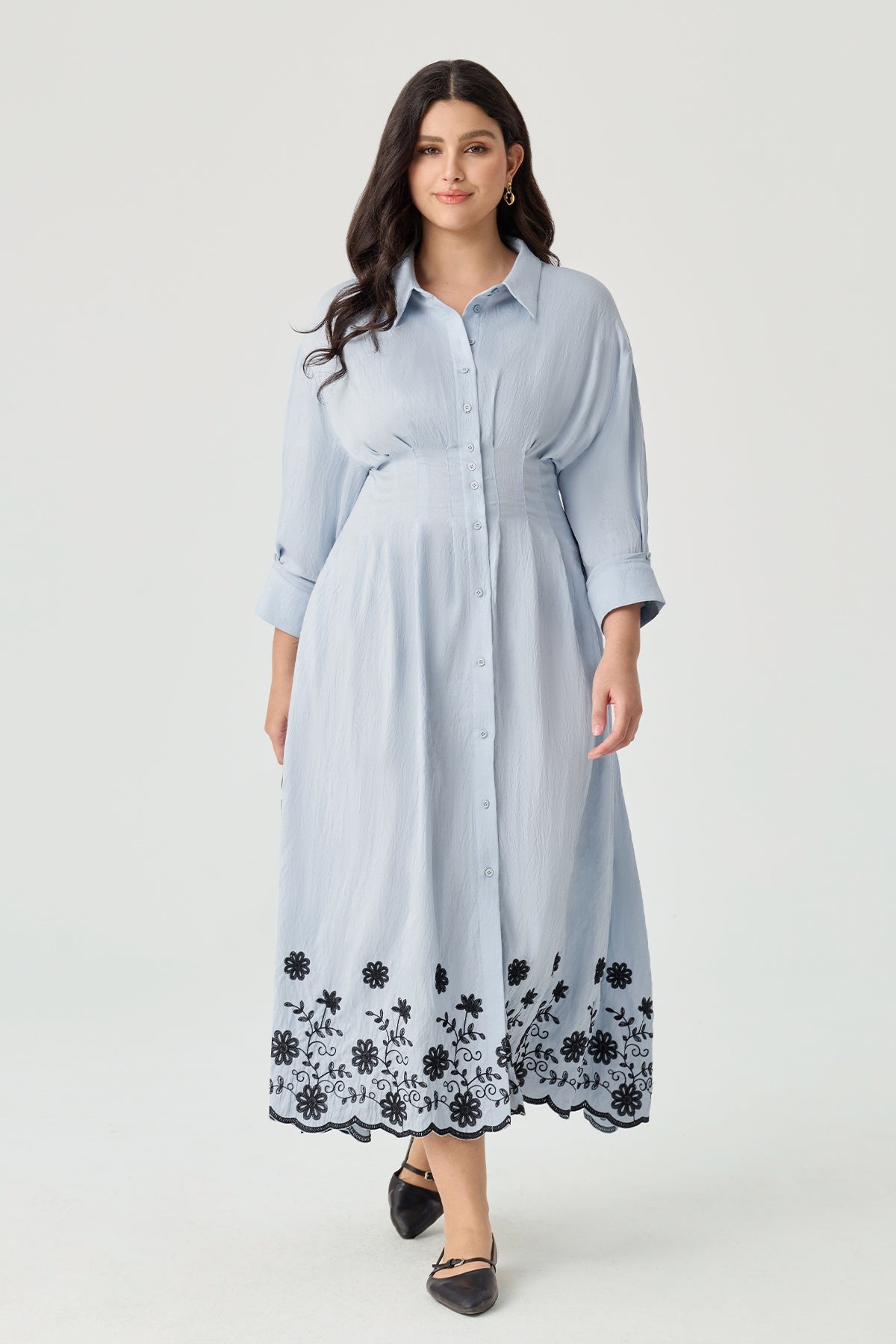 Ritera Pockets Elegant Floral Boho Embroidered Midi Shirt Dress