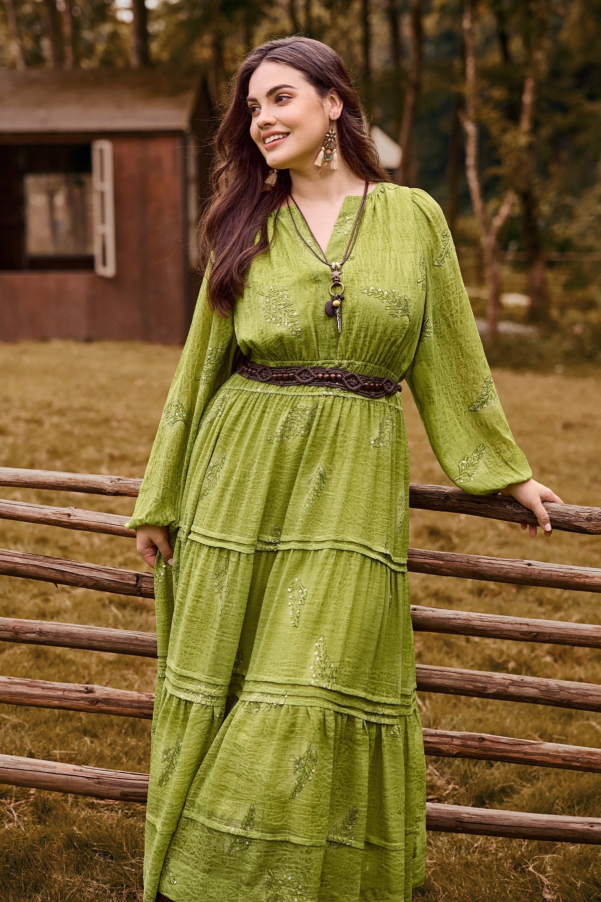 Ritera Sequin Embroidery Leaves Smocked Waist Tiered Midi Dress