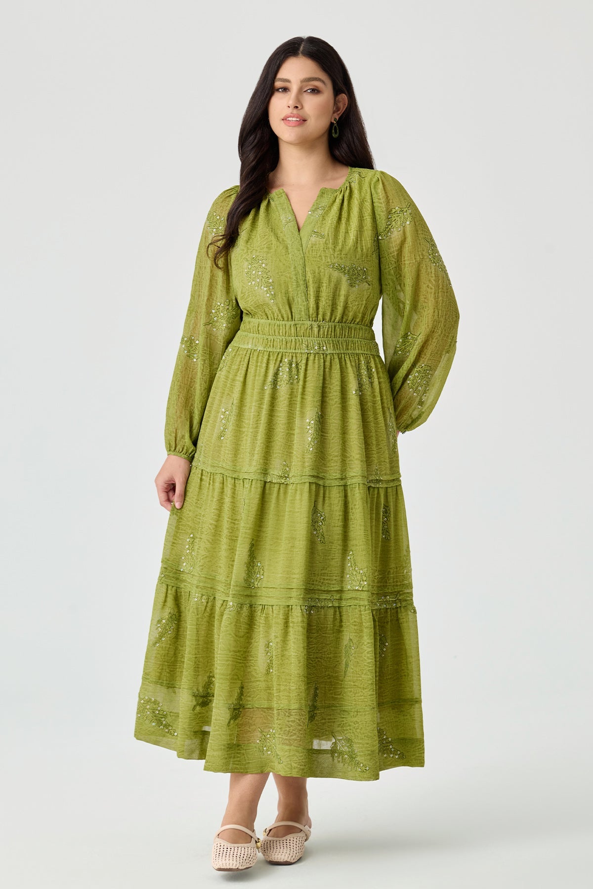 Ritera Sequin Embroidery Leaves Smocked Waist Tiered Midi Dress